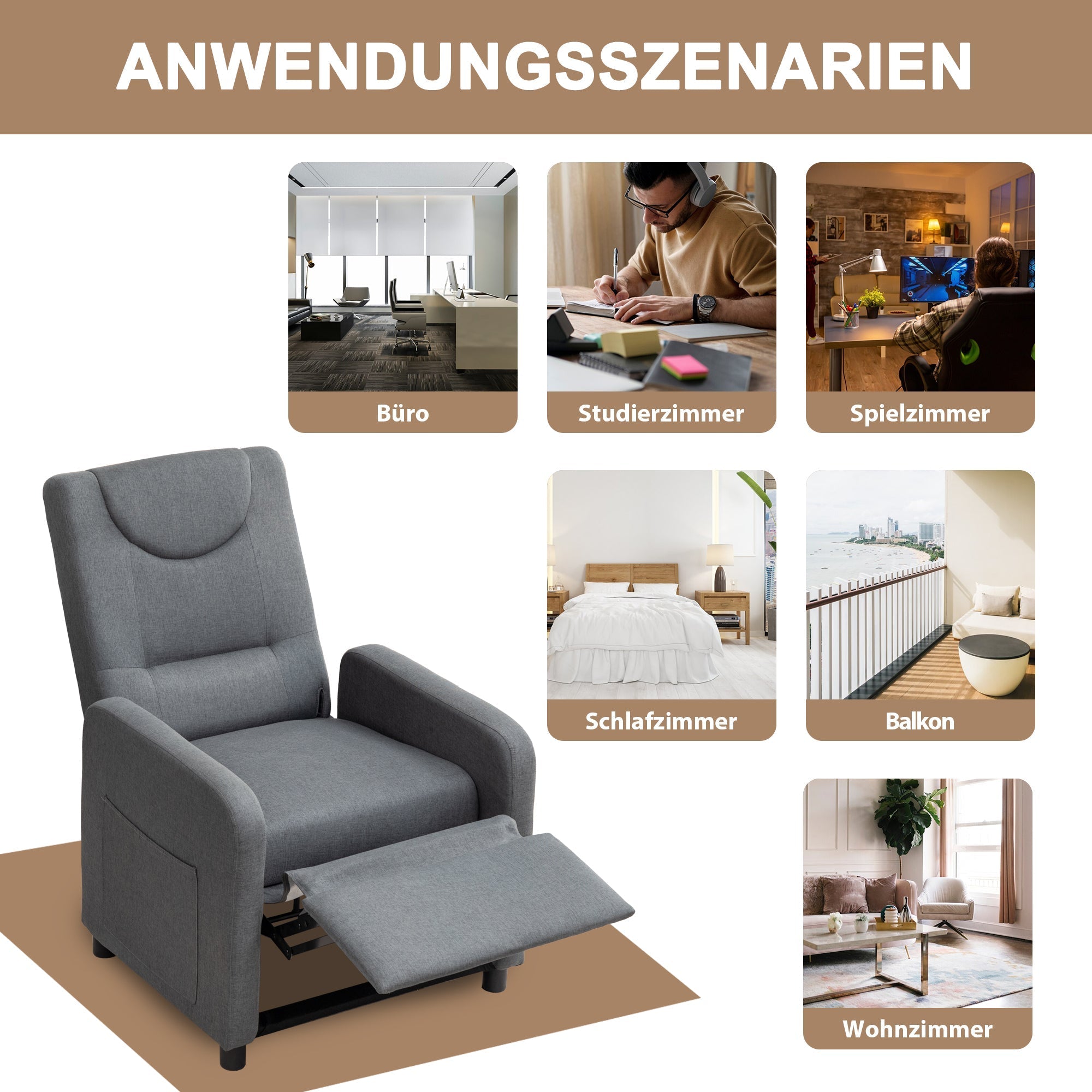 Reclining Armchair Adjustable Function - Dark Grey