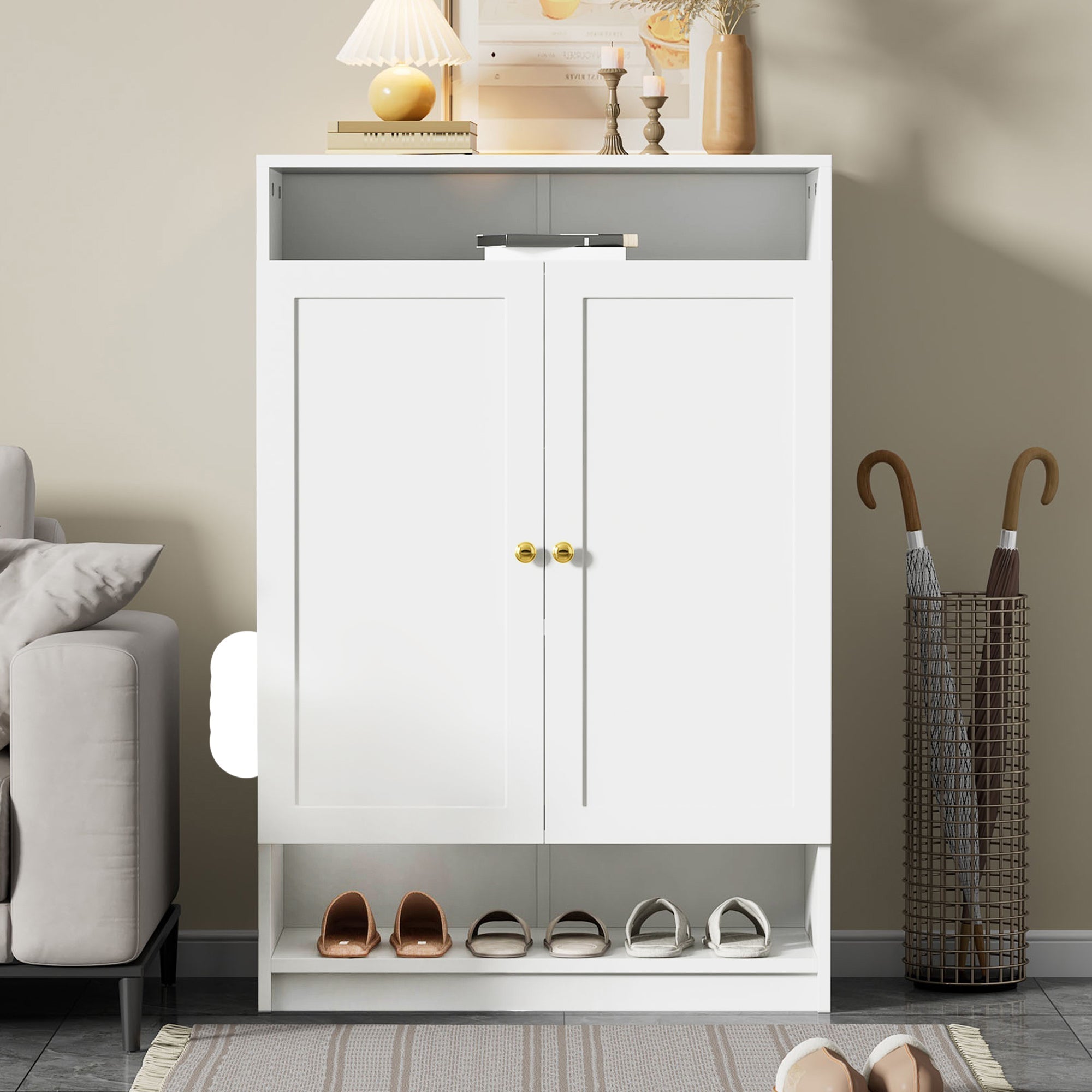 Modern shoe cabinet with adjustable shelves and 2 doors, white