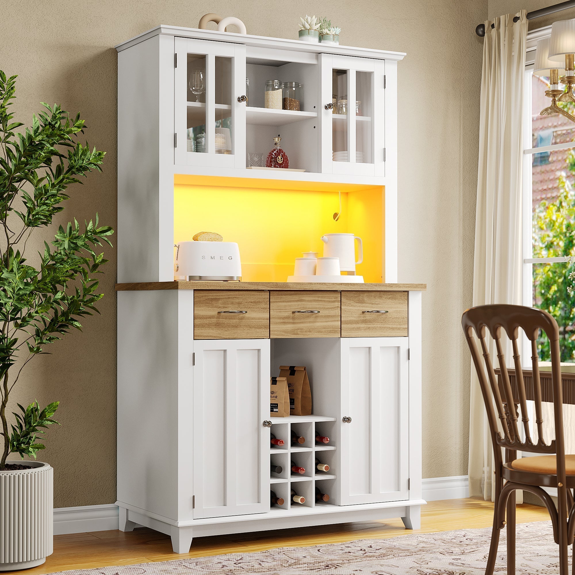 Tall Kitchen Buffet Display Cabinet Adjustable Shelves LED Lighting Wood-Colored Drawers