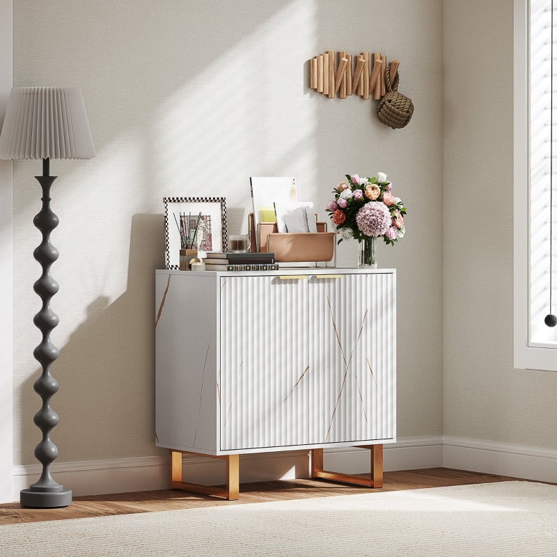 Elegant Storage Sideboard, Two Shelves Adjustable Shelf, White/Gold-Tone