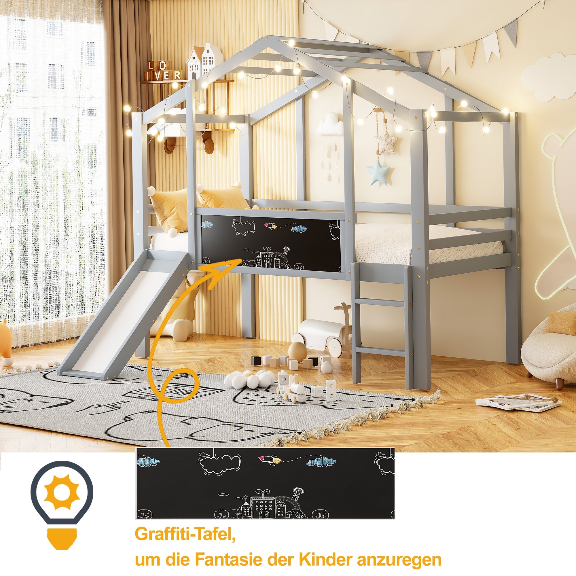 Children's Loft Bed 90x200cm, Slide, Ladder & Graffiti Board, Solid Wood Grey