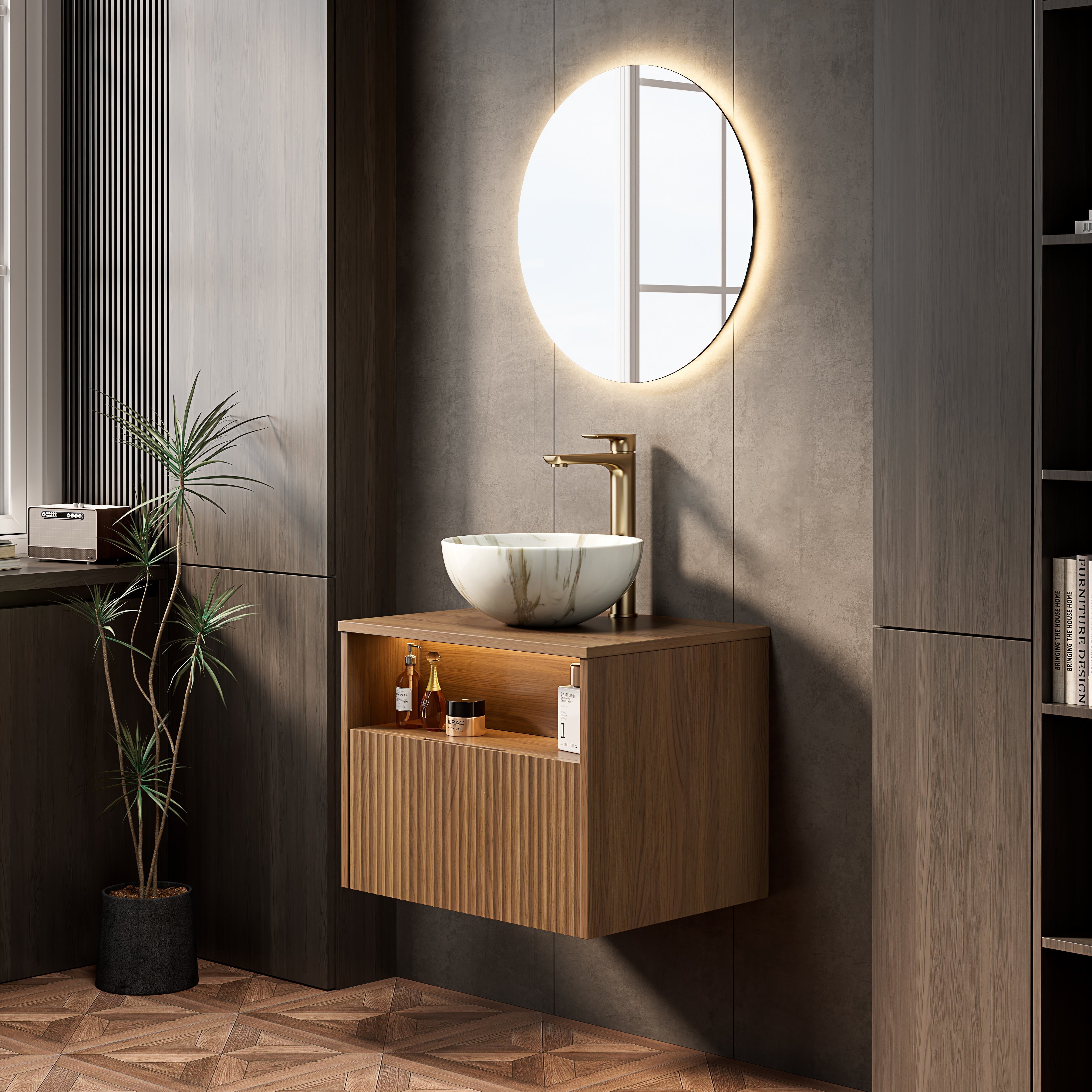 Floating Bathroom Sink with 60cm Ceramic Bowl and Sensor Light, Espresso Wood Grain
