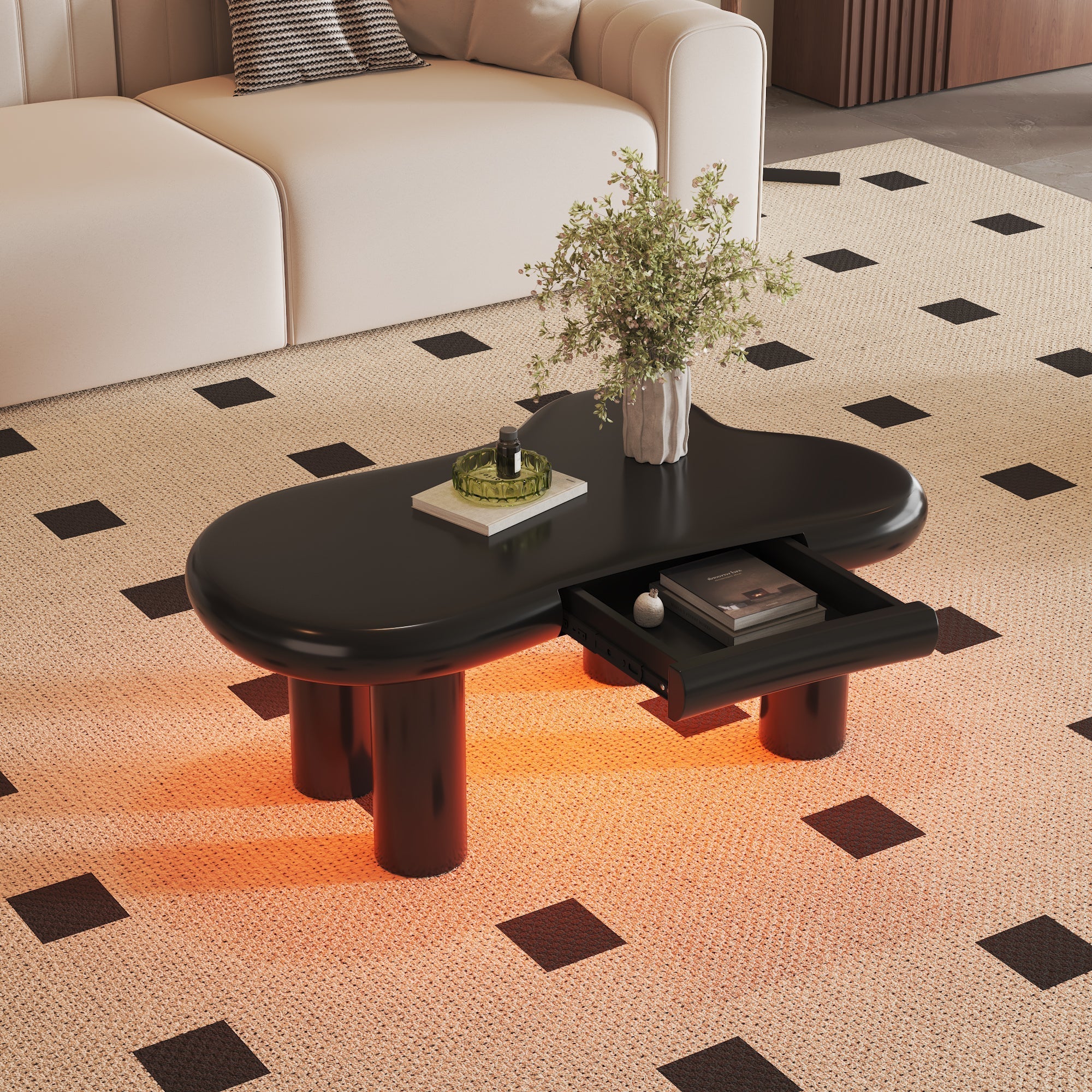 Coffee Table, Cloud-Shaped with 16-Color LED & Drawer, Black MDF