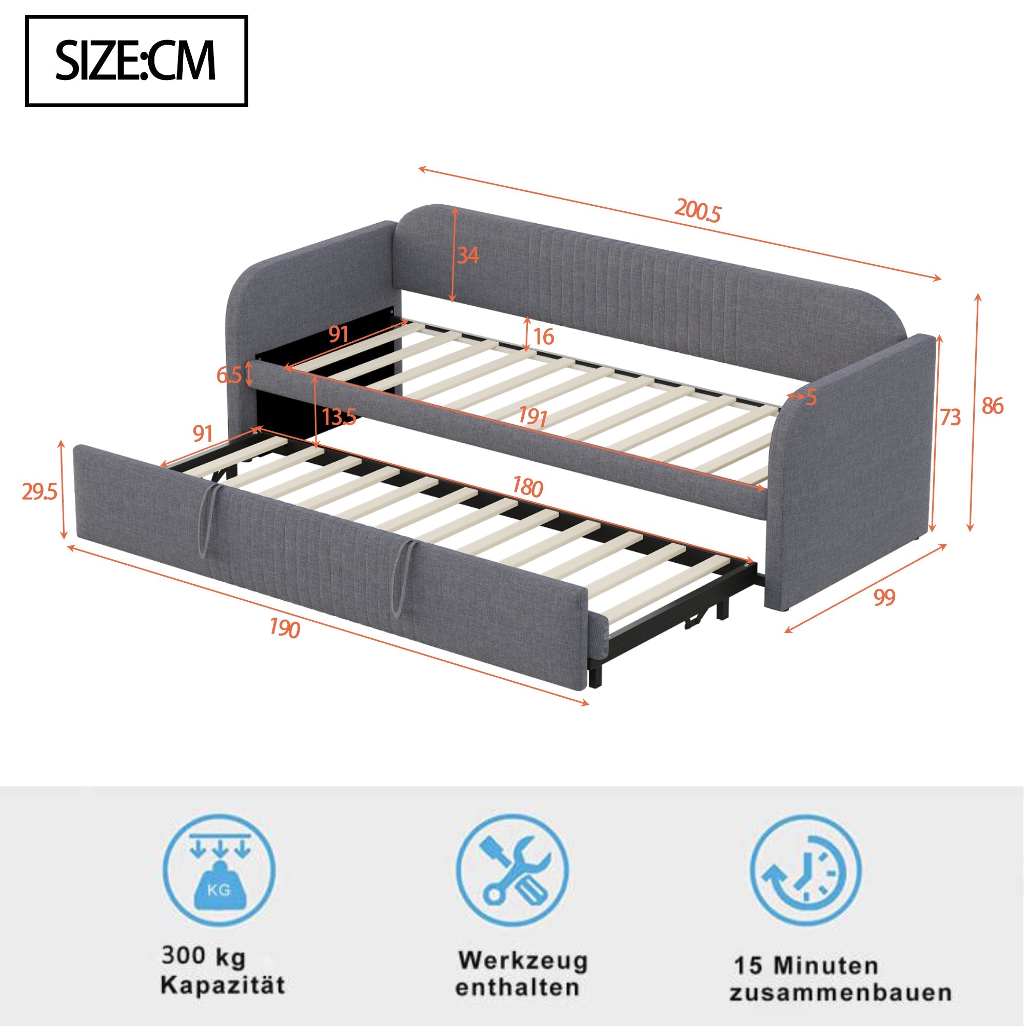 Upholstered Bed Pull-Out Sofa, Multifunctional with Slatted Frame, Grey Linen