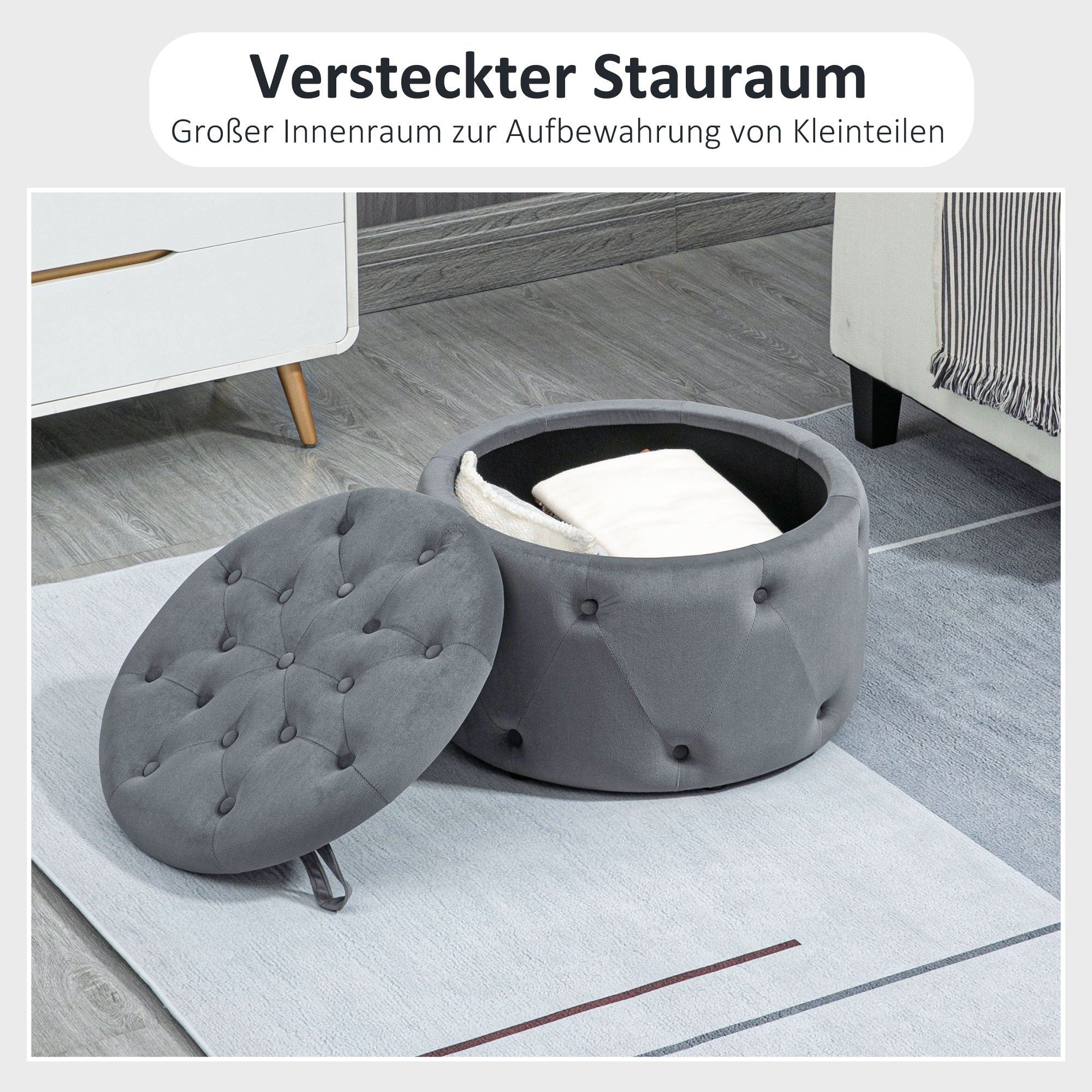 Storage Ottoman Round Upholstered Stool with Lid, Gray Velvet