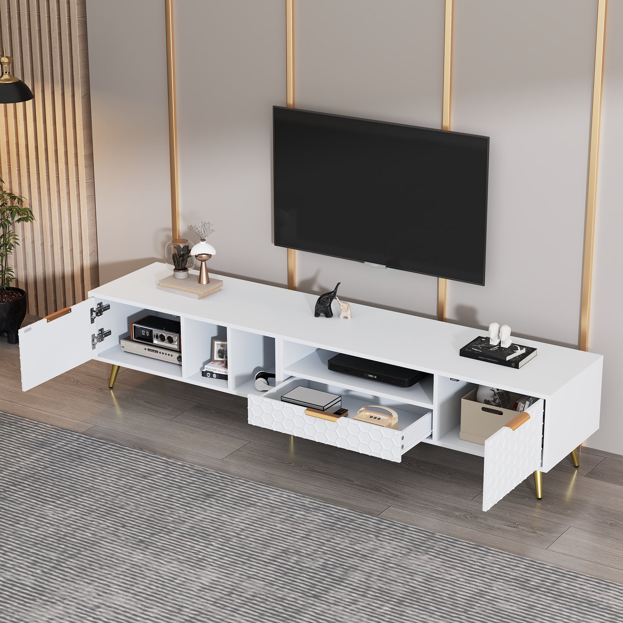 TV Stand, Vertical Honeycomb Pattern, 80-Inch TV, White