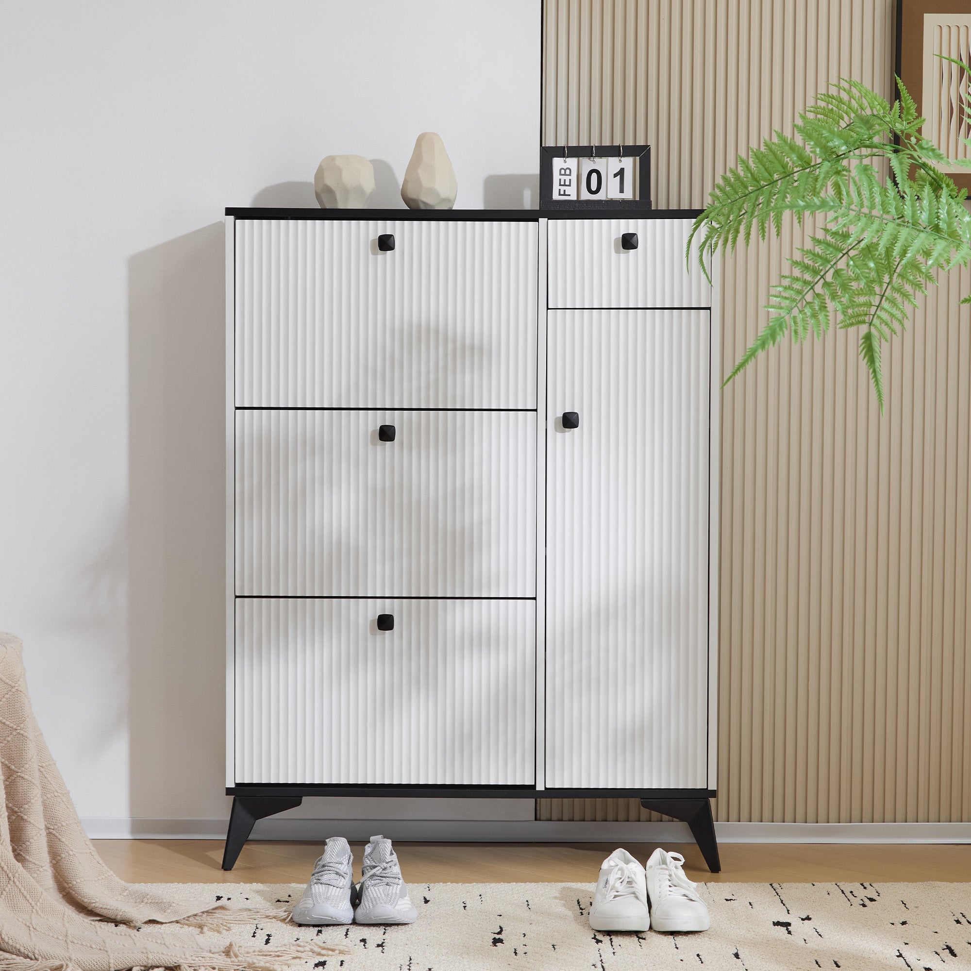 Shoe cabinet with 3 flaps, 1 drawer, 1 door, white