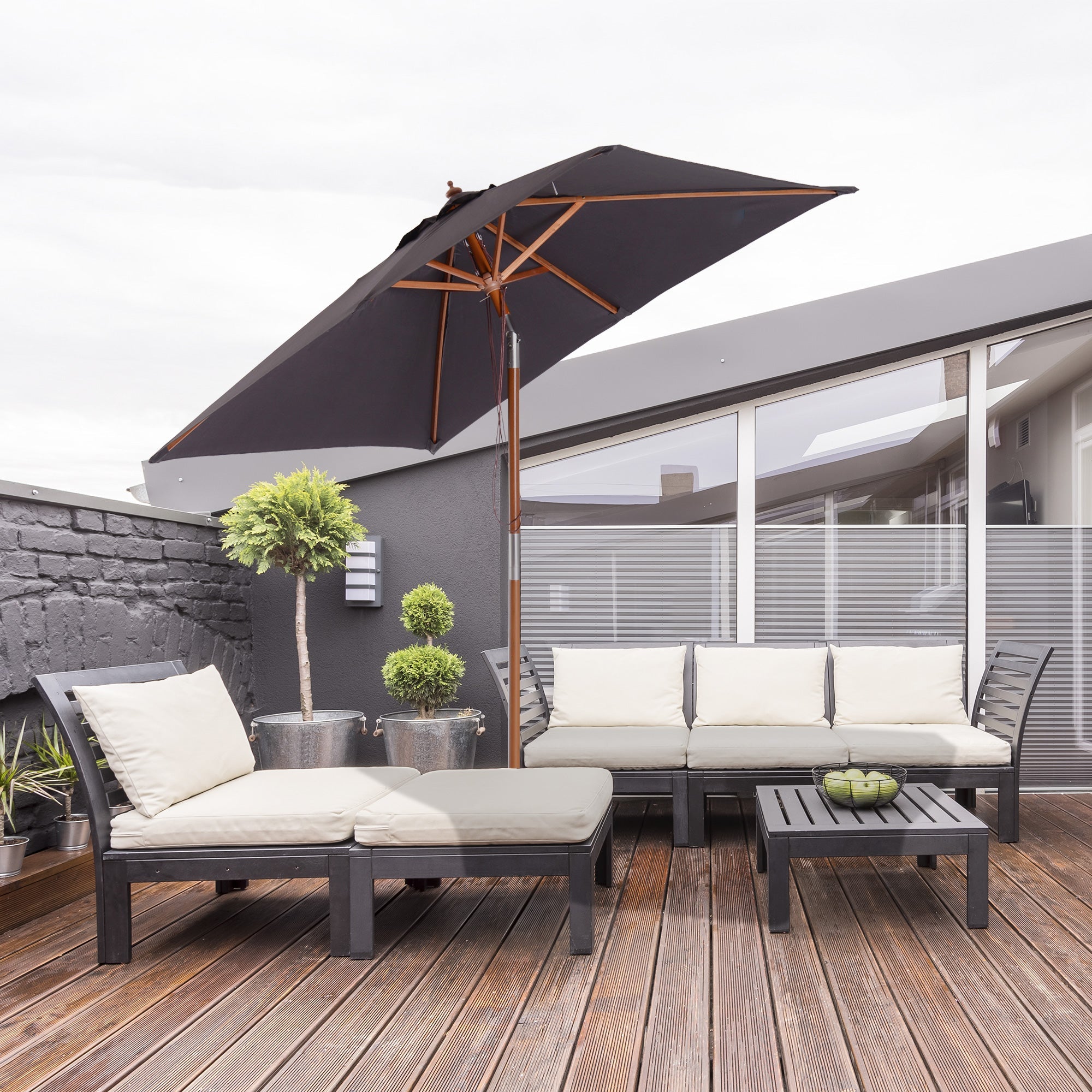Folding Garden Parasol 3-Stage Adjustable Fir Wood Dark Grey