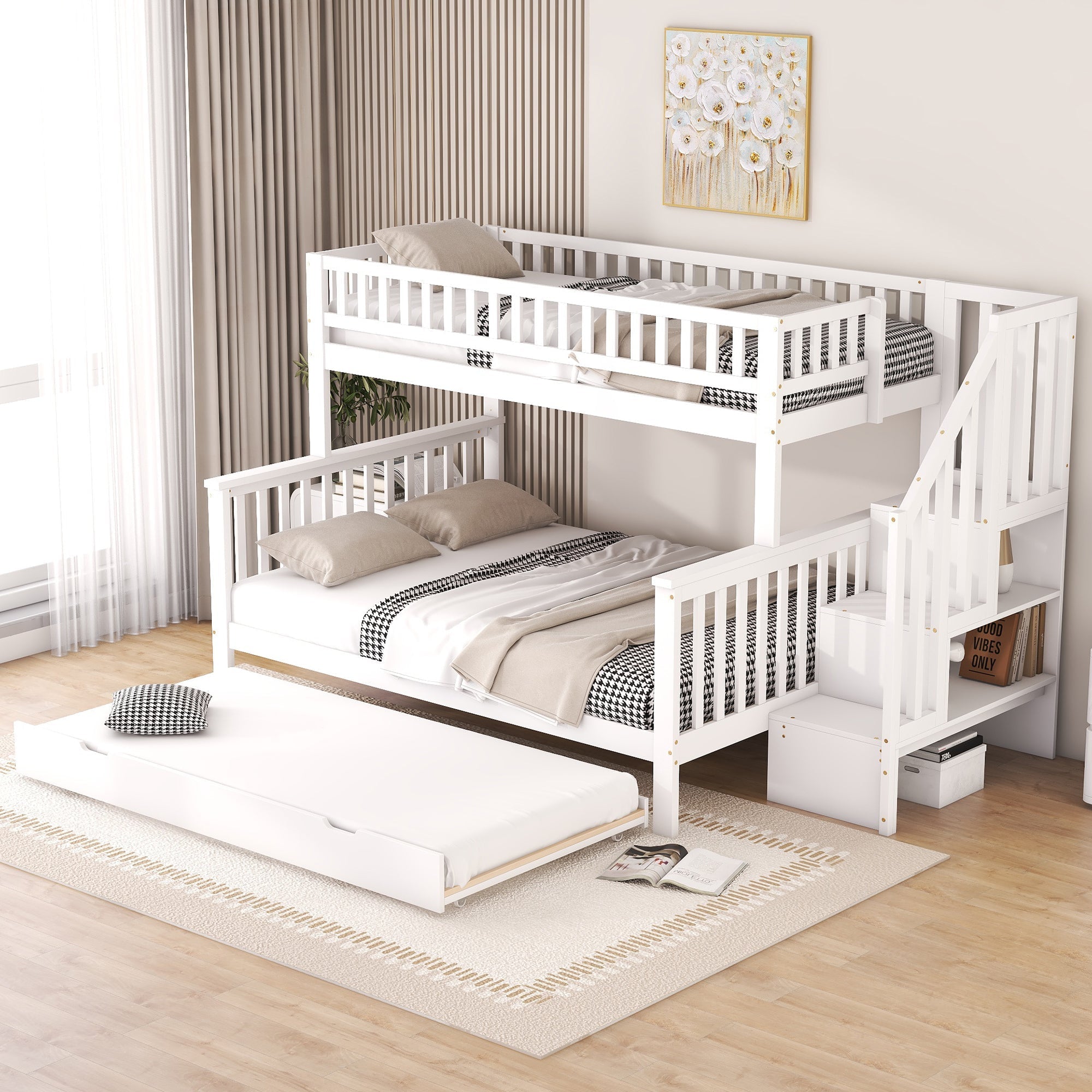 Bunk Bed 90x200cm/140x200cm with Stairs & Rolling Container, Pine Wood White