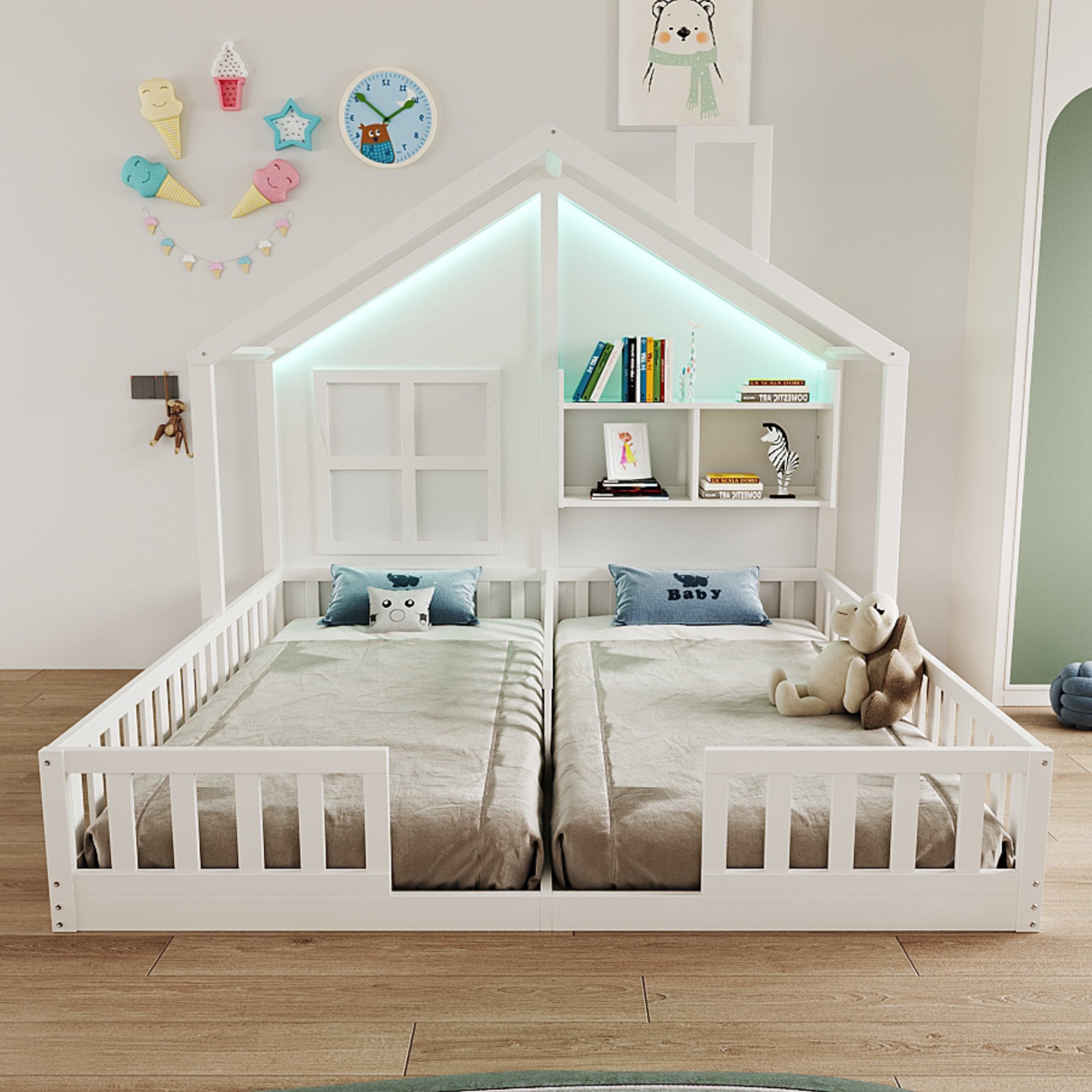 Wooden Children's Bed 90x200cm House Design LED Lighting Storage White