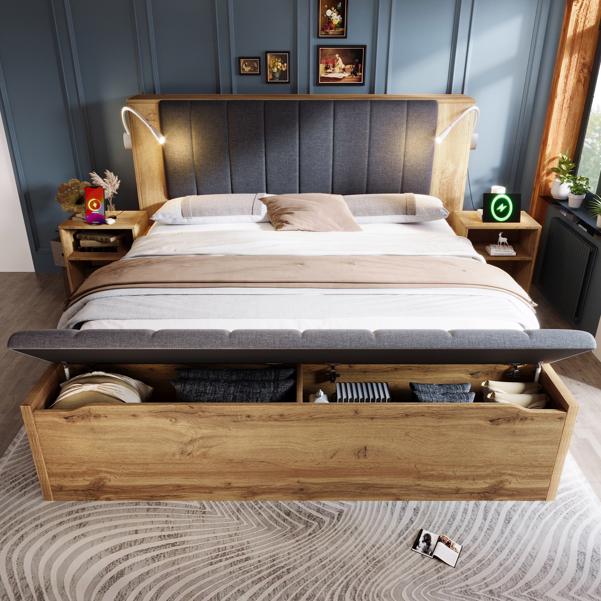 Double Bed 160x200cm Wooden Storage Fold-Down Linen Headboard USB & Bench - Oak