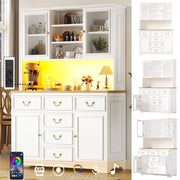 Tall Kitchen Cabinet Sideboard with USB Ports, Sockets and LED Lighting, White