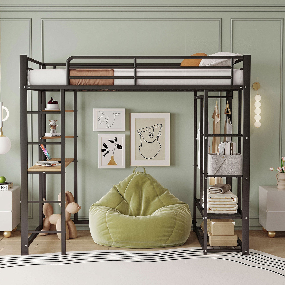 Loft Bed 90x200cm Single/Children's Bed with Ladder, Table, Storage, Black