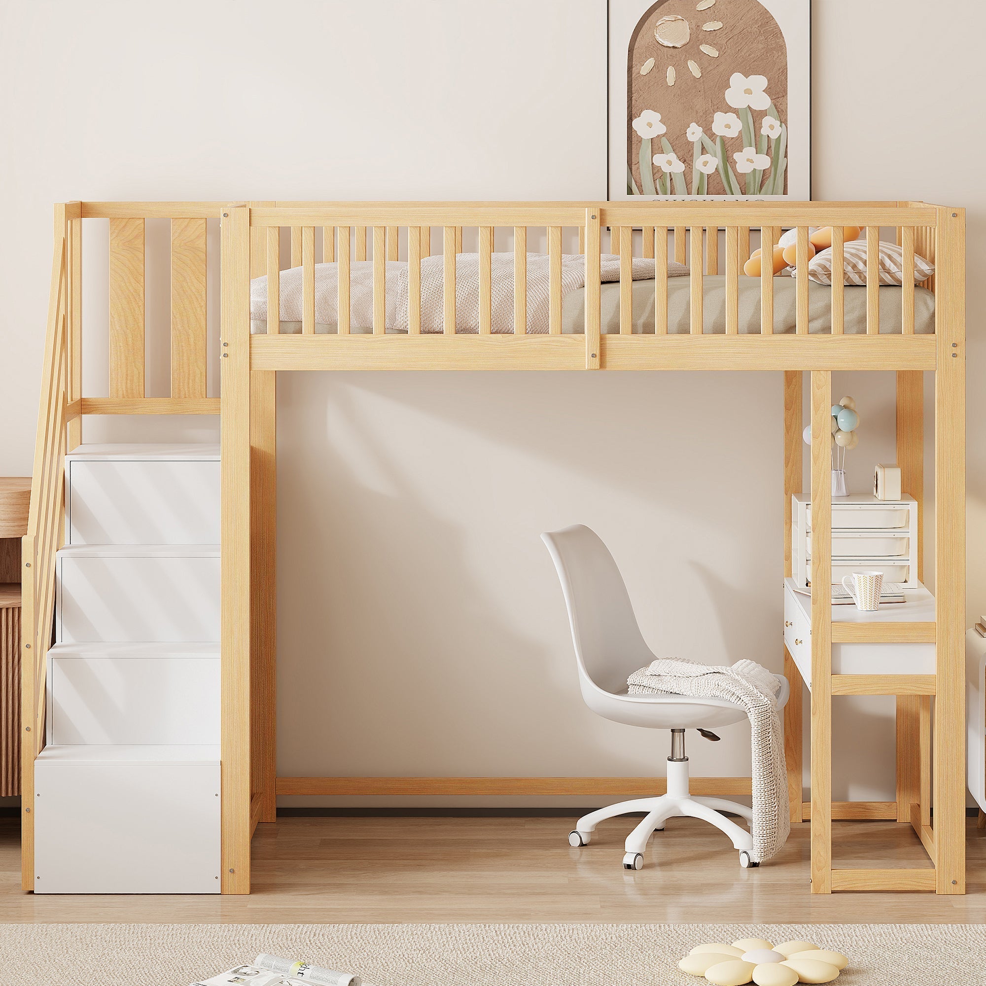 Loft Bed 90x200 Multifunctional Table Storage Stairs, Solid Pine Wood White