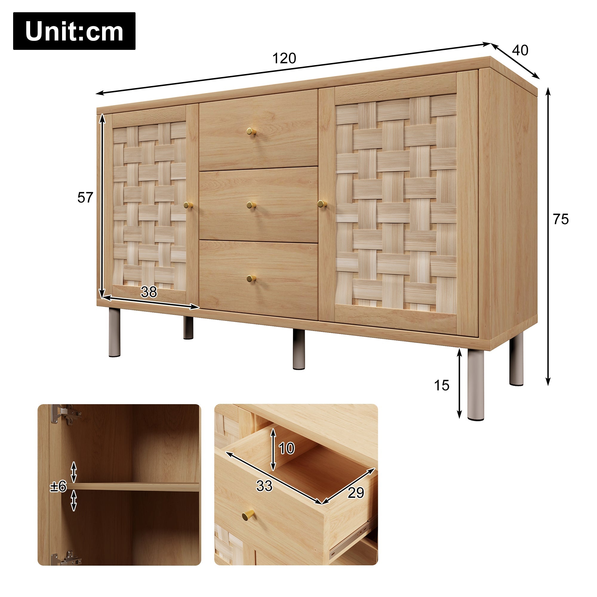 Country-style Chest of Drawers, 120x40x75 cm with 2 Doors and 3 Drawers, Oak-colored