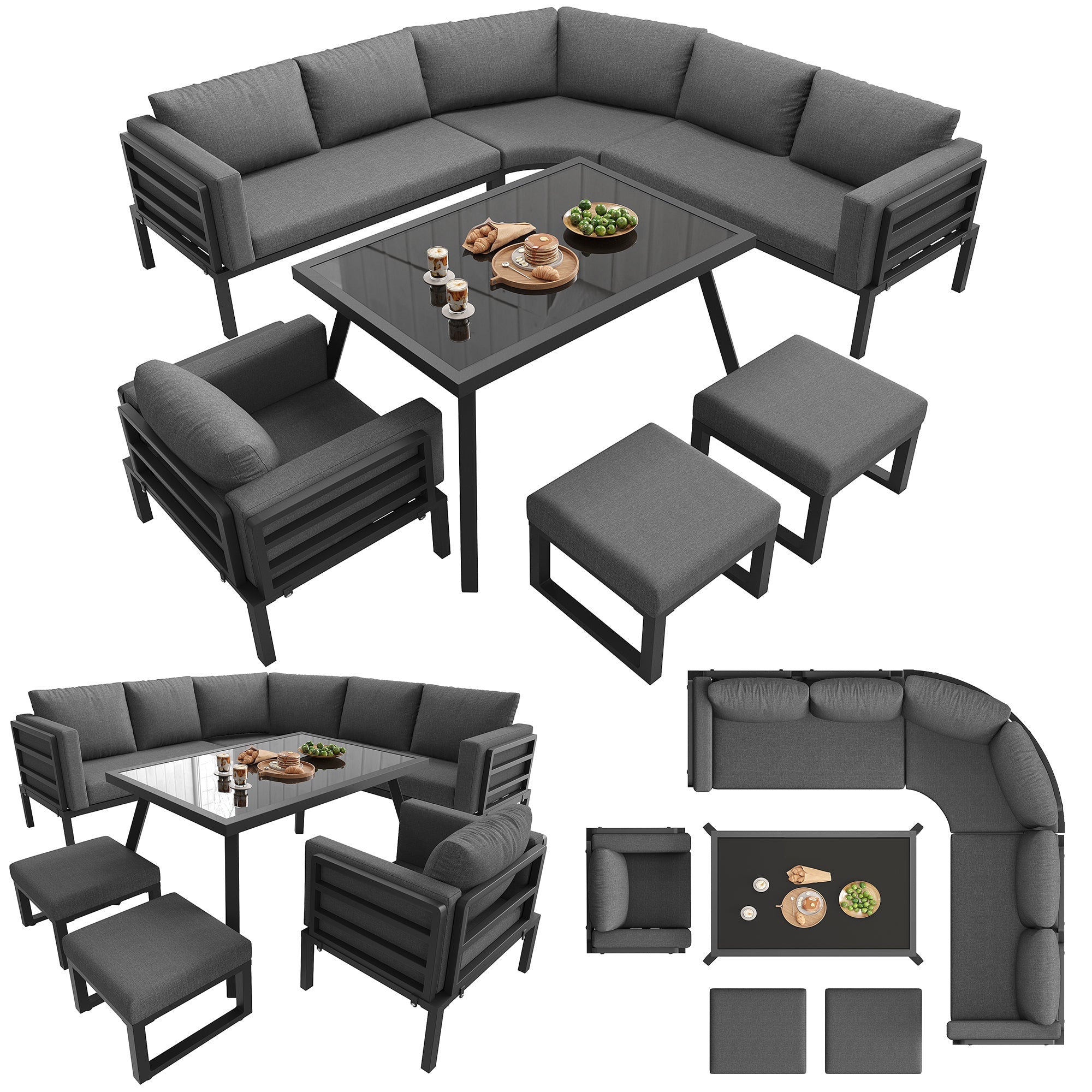 Garden Sofa Set Crescent 8-Person with Glass Table Weatherproof - Grey Cushions