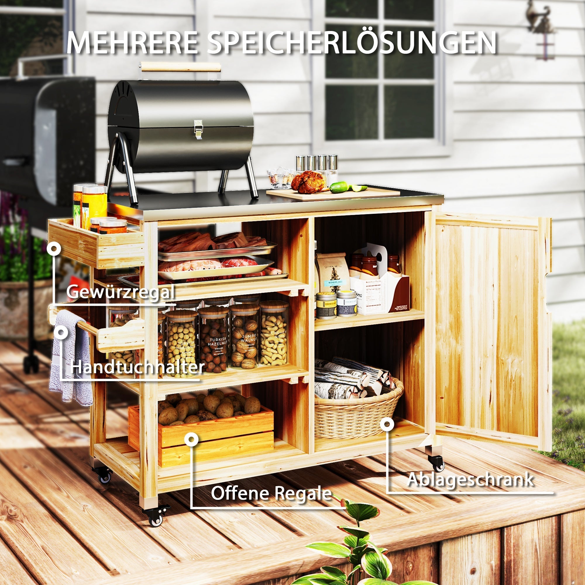 Grill Cart 6-Tier Work Surface Towel Rack Outdoor Trolley, Natural Wood