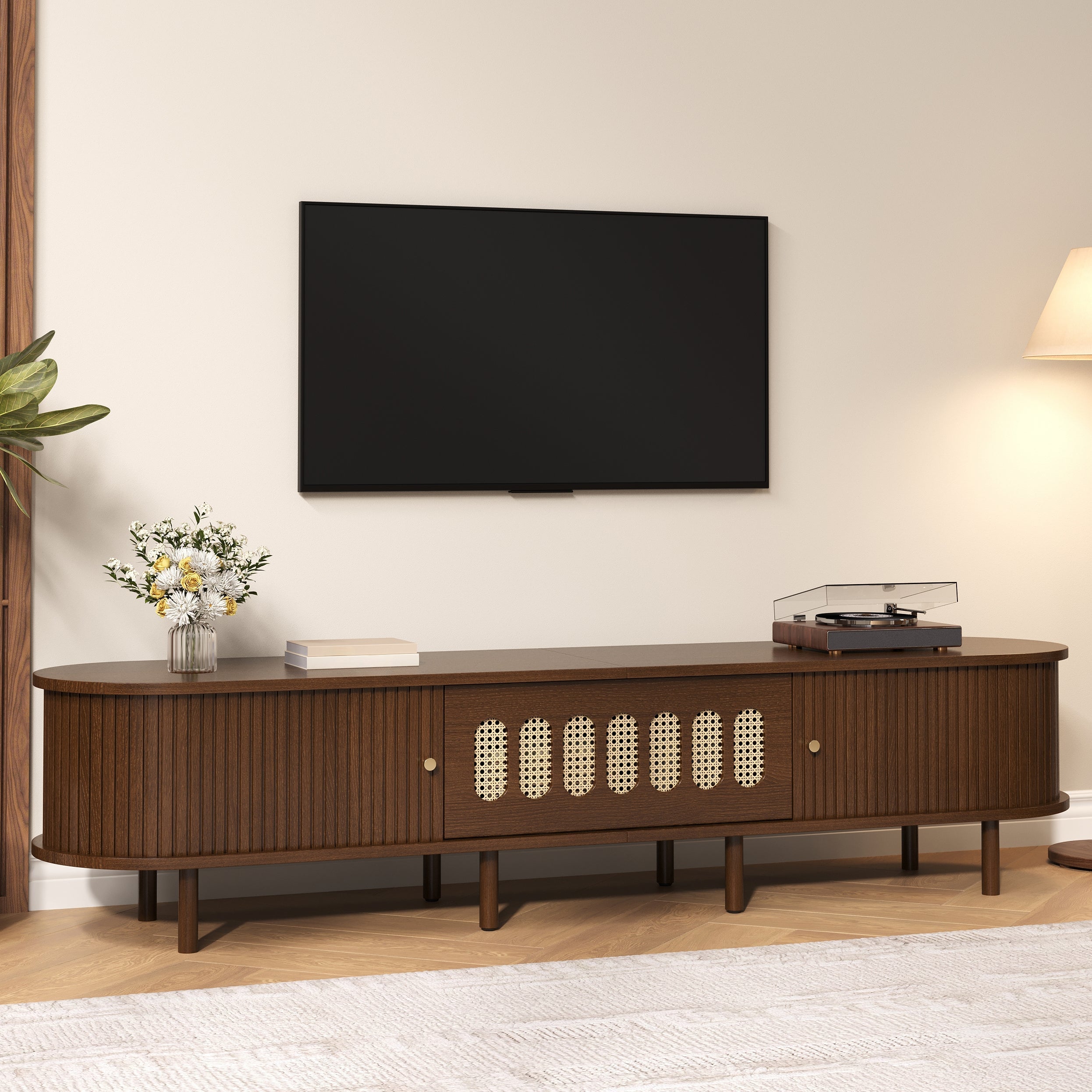 Oval TV Stand with Roll-Up Doors and Rattan Design, Dark Walnut MDF