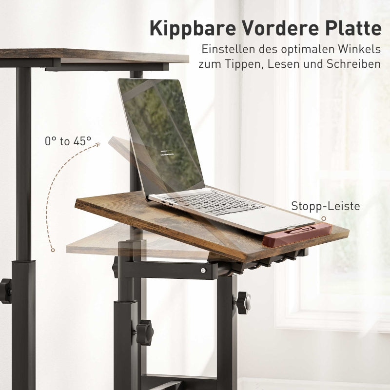 Height-Adjustable Desk 60x60cm Shelf Casters - Rustic Brown