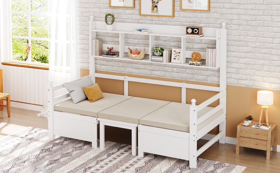 Sofa Bed, Multifunctional 2-in-1 Bed & Desk with Bookshelf & Pillows, Solid Wood White