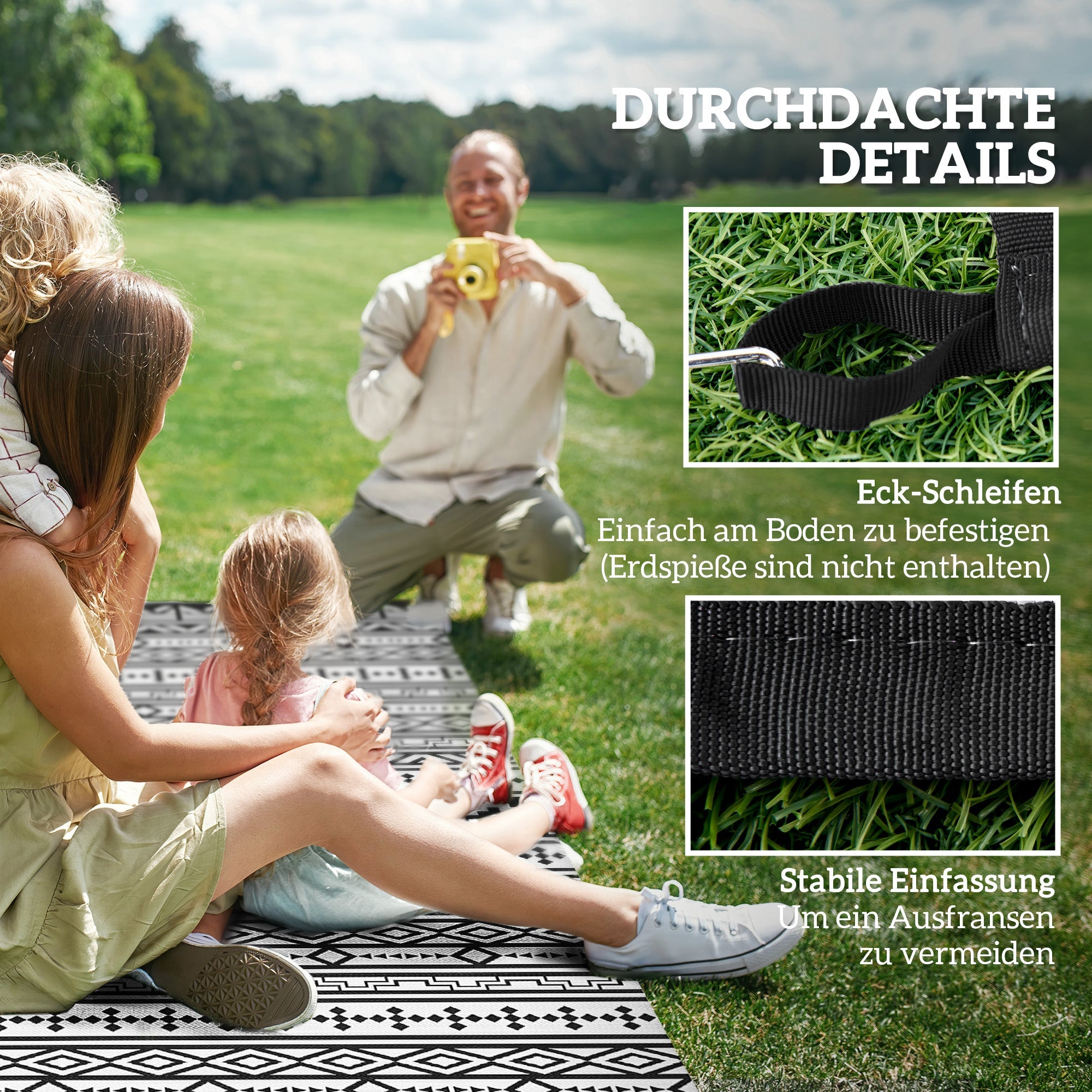 Outdoor Rug, Robust Weatherproof Foldable Boho, Black and White