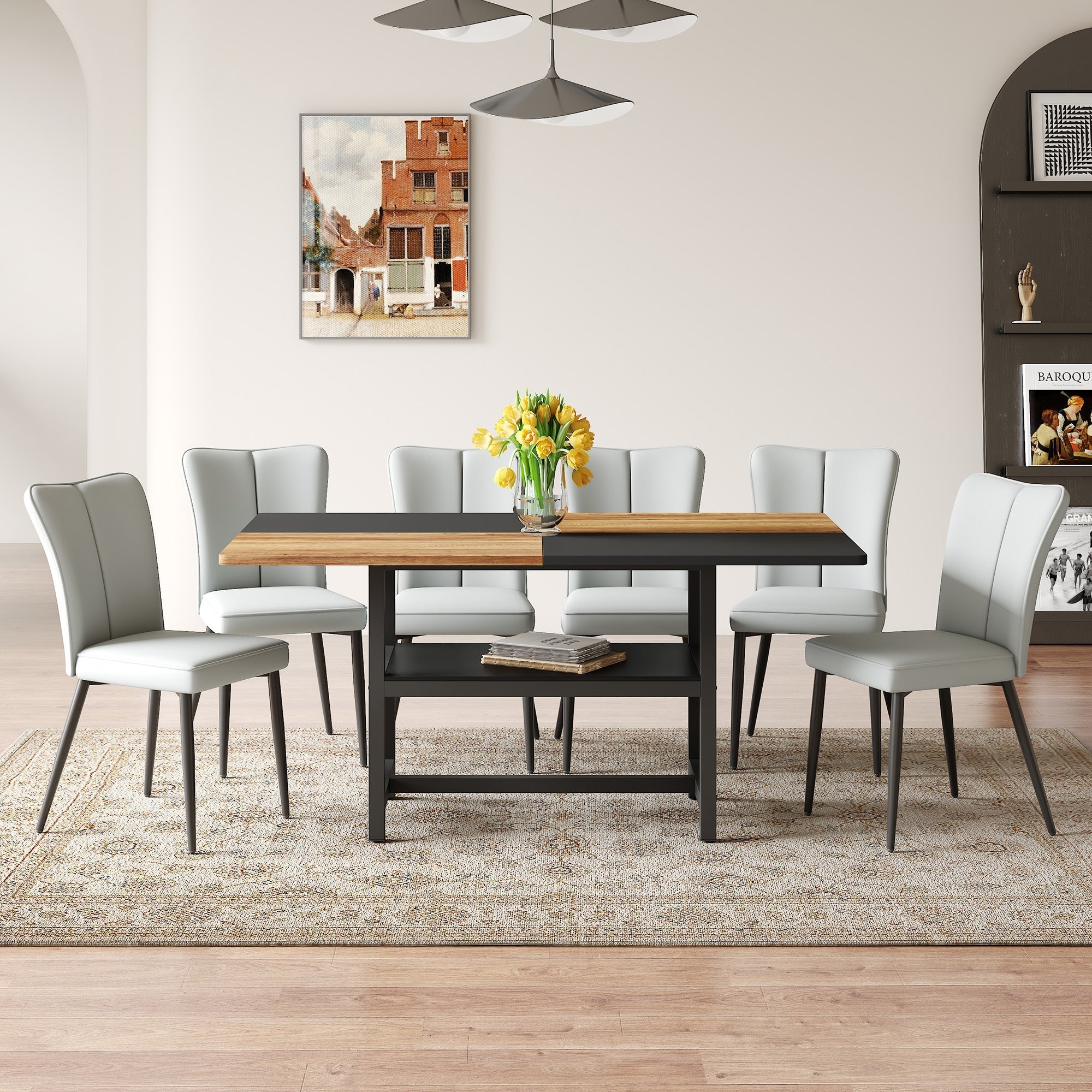 Dining Table Set 160cm Rectangular with Storage & 6 Chairs Light Grey PU Leather/Black Metal