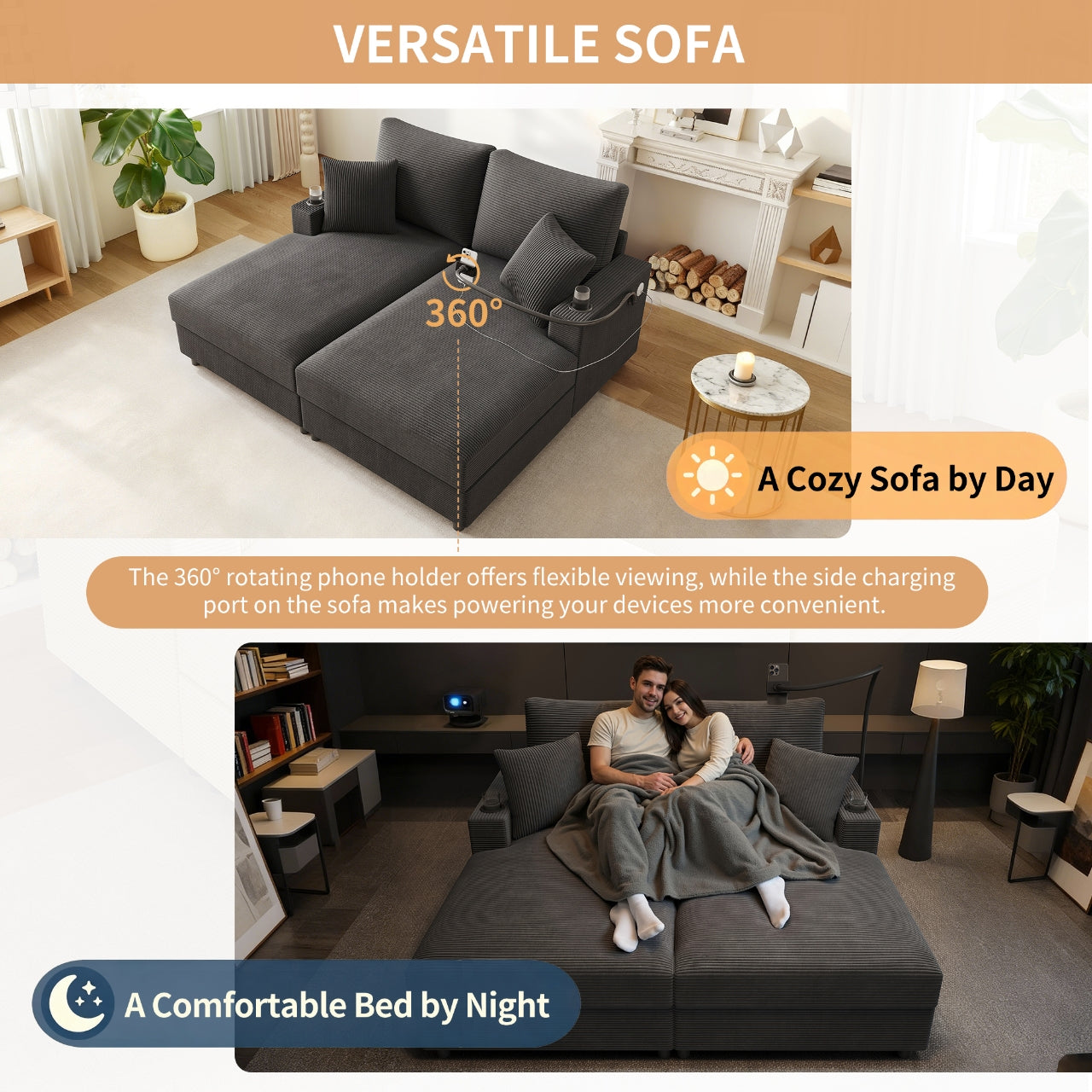 Double Sofa Bed with Mobile Holder, USB Port, and Cup Holder, Gray