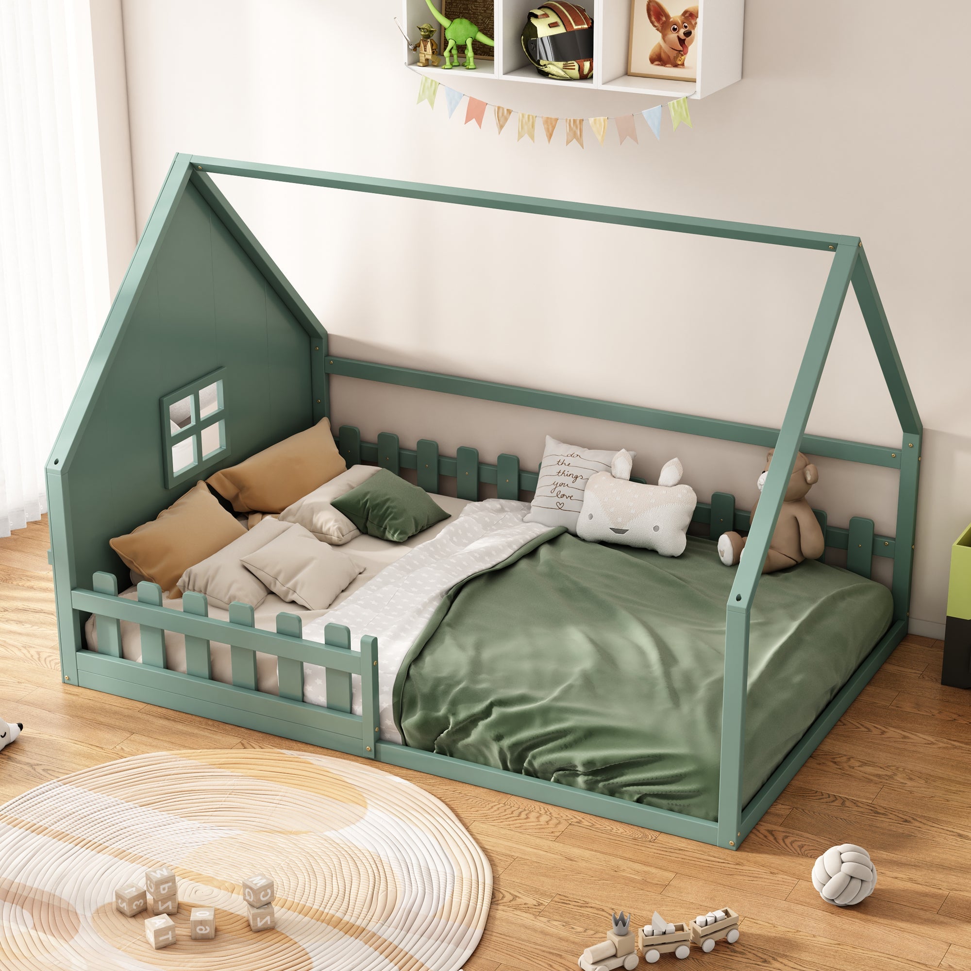Flatbed 140x200cm House Rail Railing Pine Wood - Green