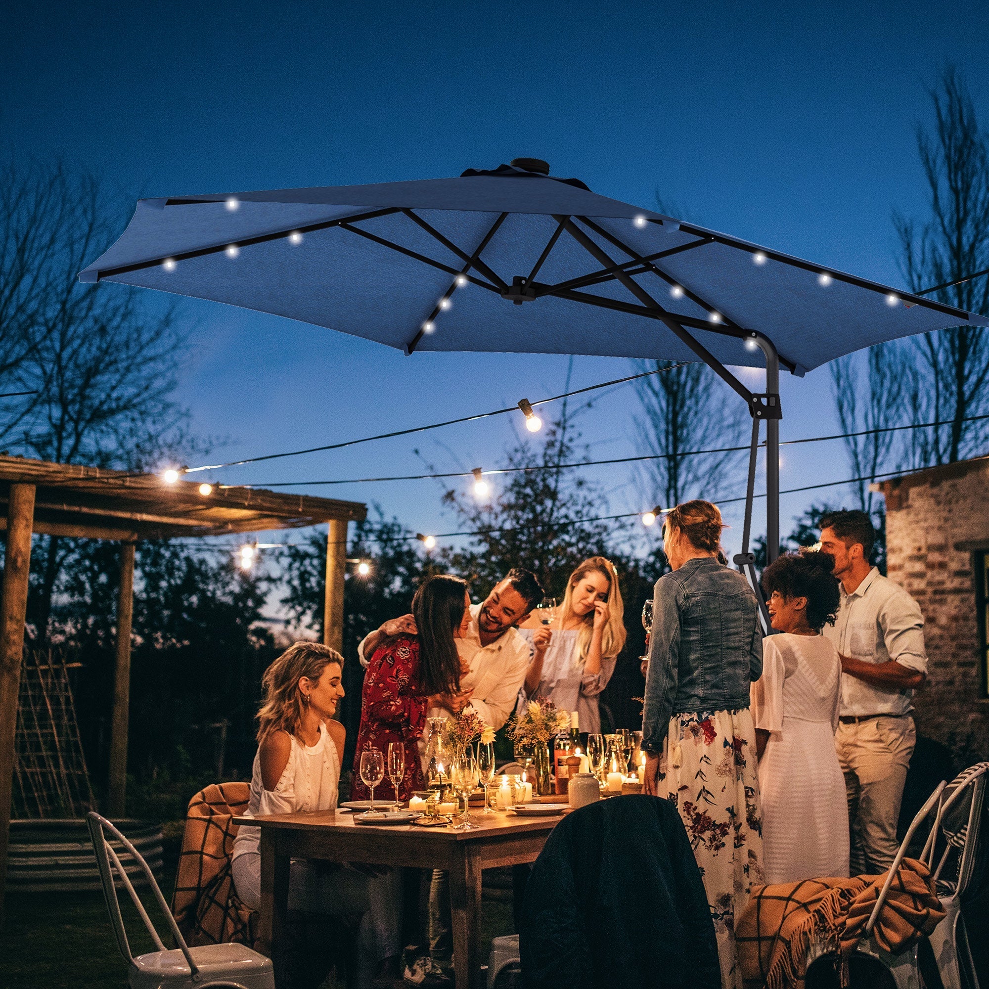 Solar Parasol, LED, Ø290x260 cm, UV Protection, Hand Crank, Polyester Dark Blue