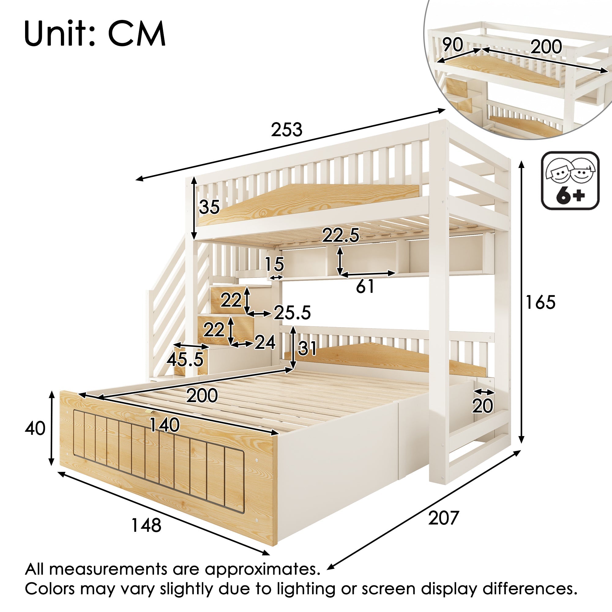 Children's Wooden Bunk Bed 90x200 & 140x200 cm with Hydraulic Storage and USB-C Port, White and Natural