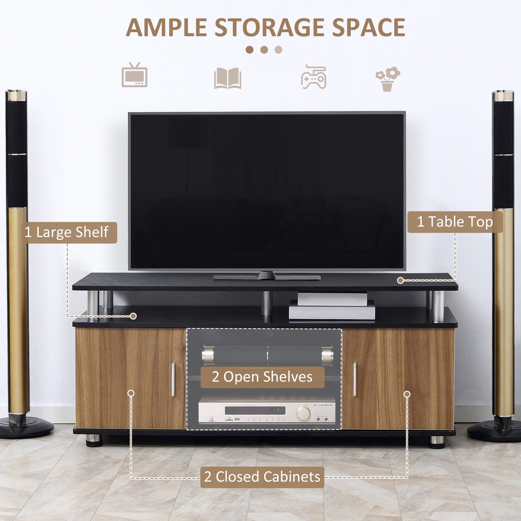 TV Cabinet Unit, Storage Shelf and Cupboards for 50'' TVs, Black and Walnut
