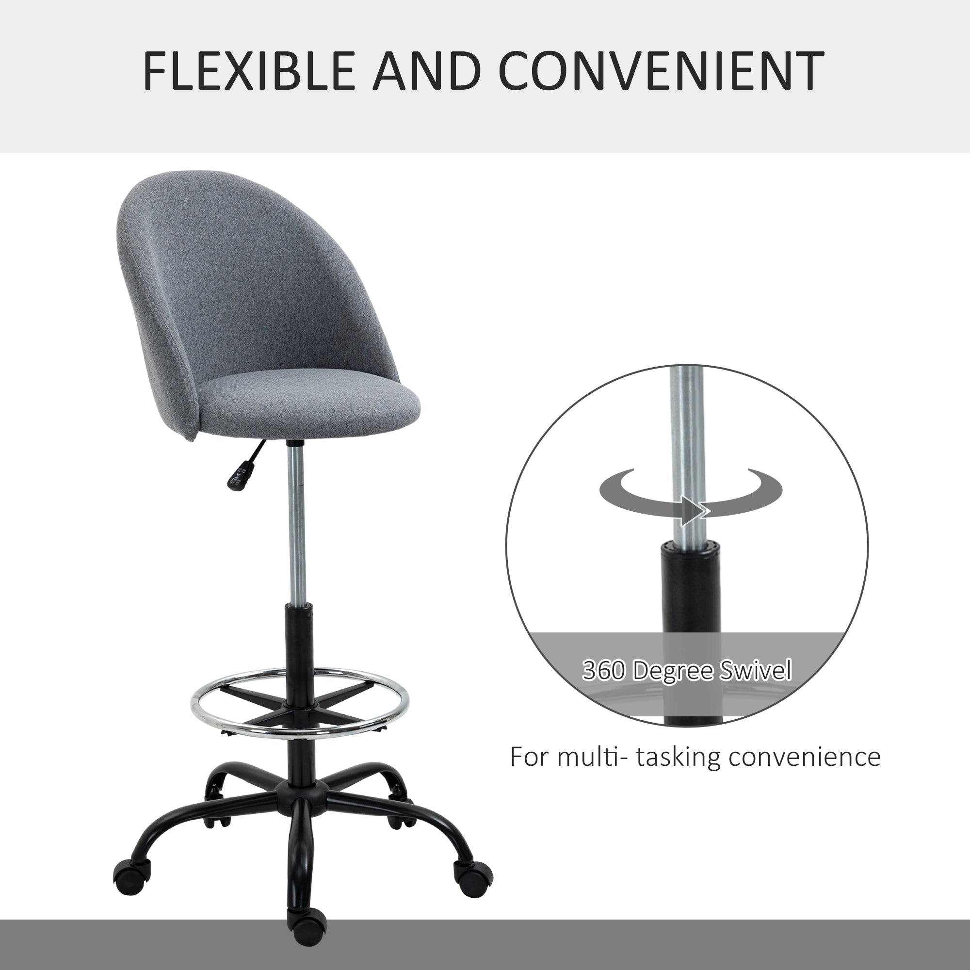 Ergonomic Drafting Chair Adjustable Height 360° Swivel Grey