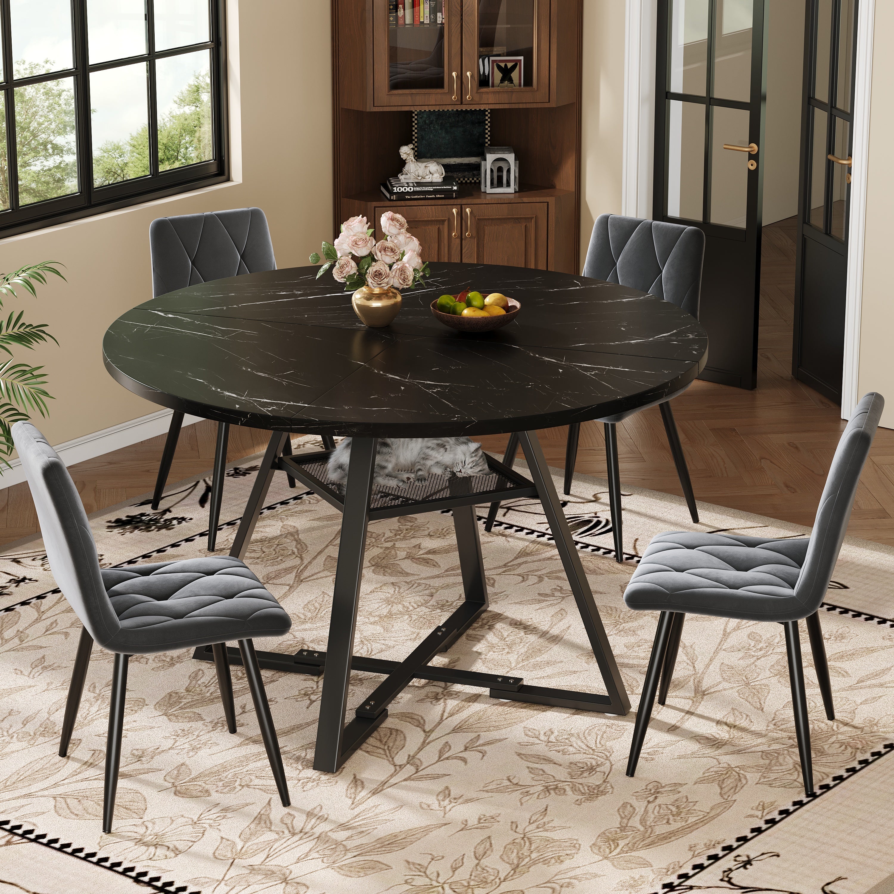 Round Dining Table, Kitchen Breakfast Table Metal Legs, Marble Look Black/White