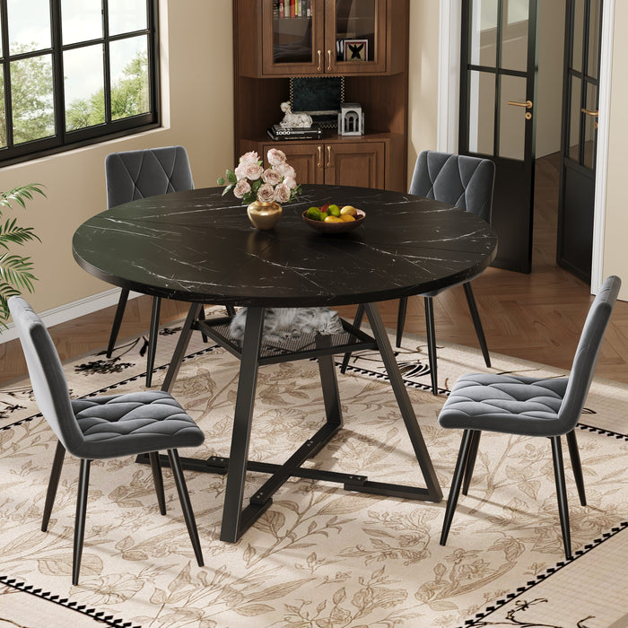 Round Dining Table, Kitchen Breakfast Table Metal Legs, Marble Look Black/White