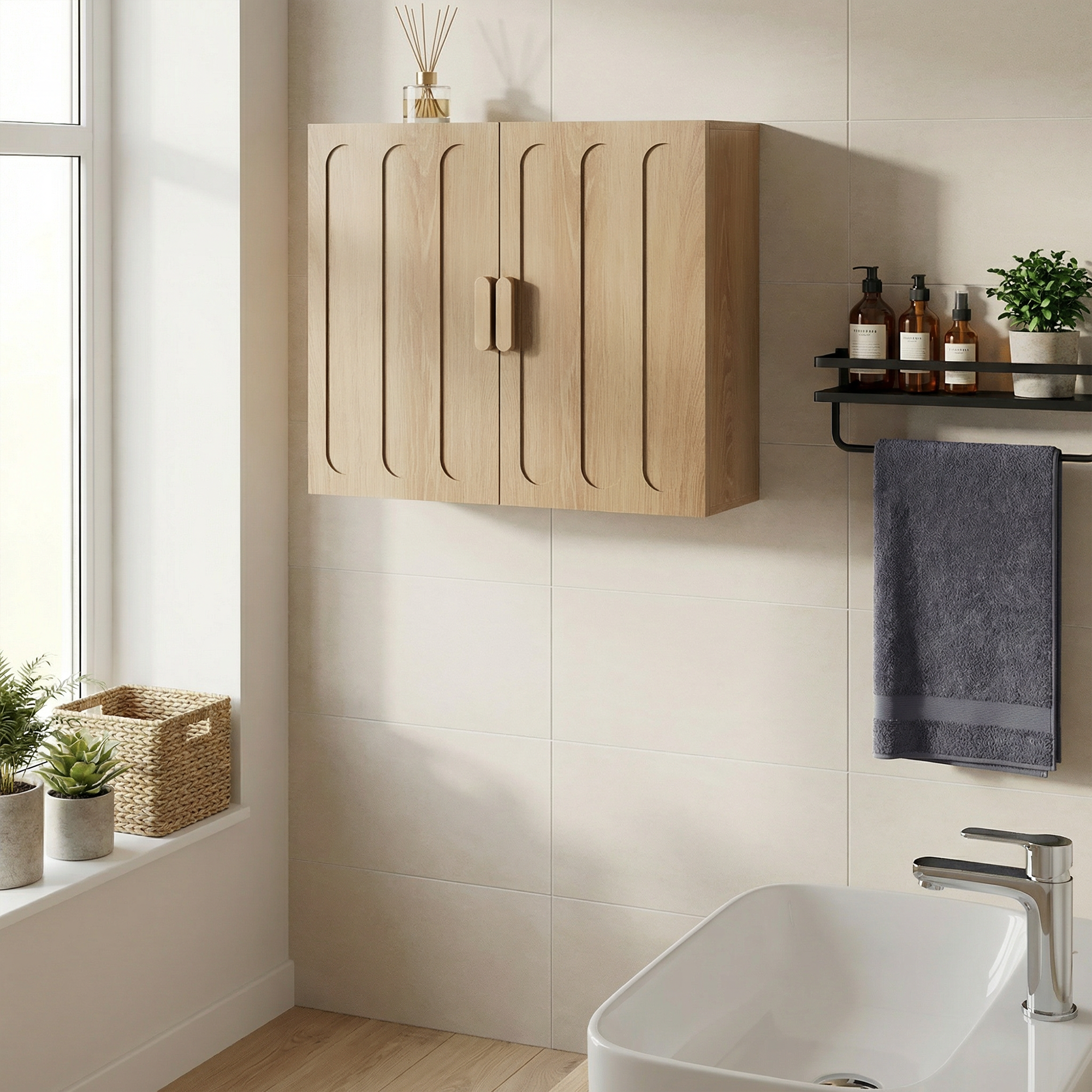 Wall-Mounted Bathroom Medicine Cabinet with Adjustable Shelves for Laundry and Kitchen, Oak Color