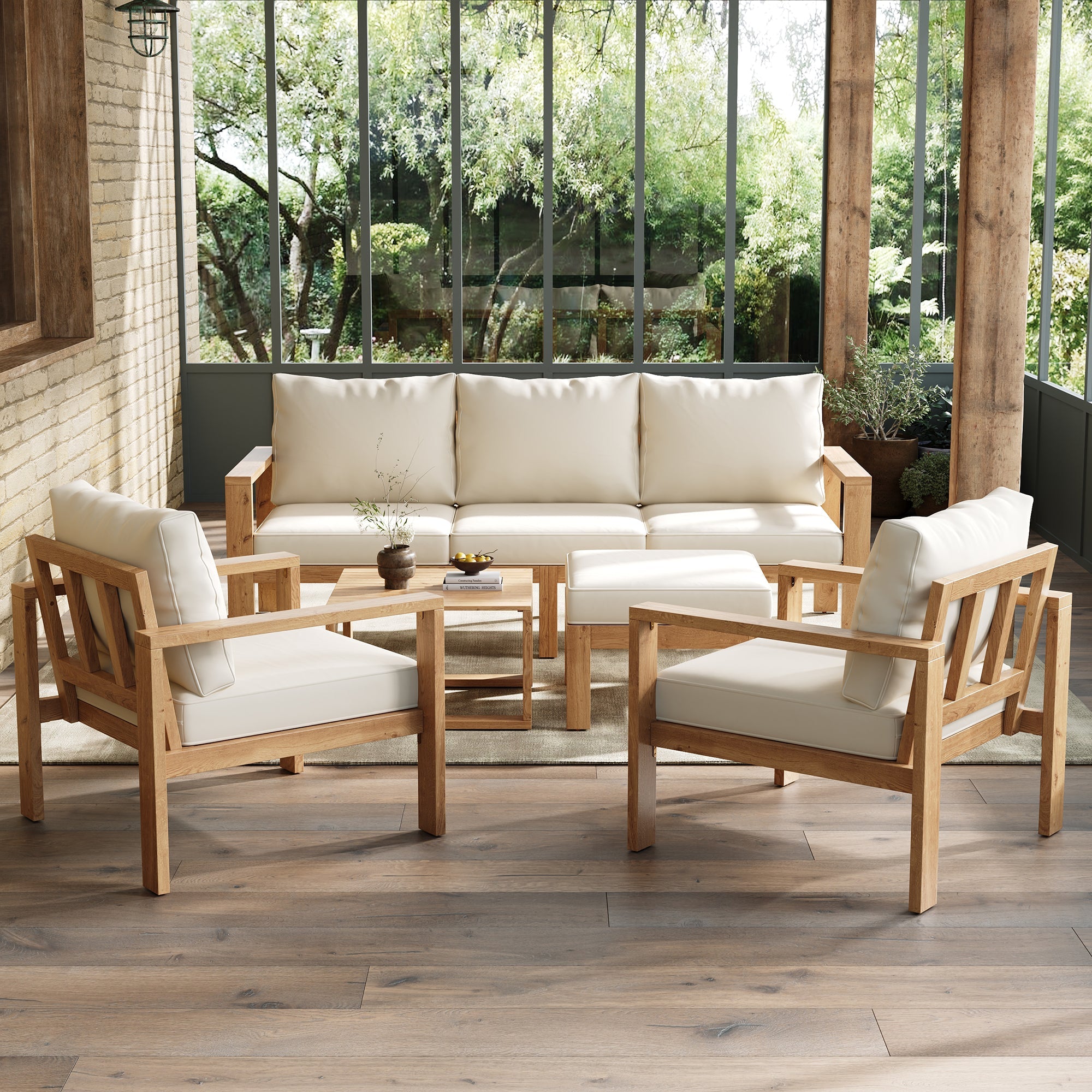 Garden Furniture Set with 5 Pieces for 4-6 People, Acacia Wood and Cream Canvas