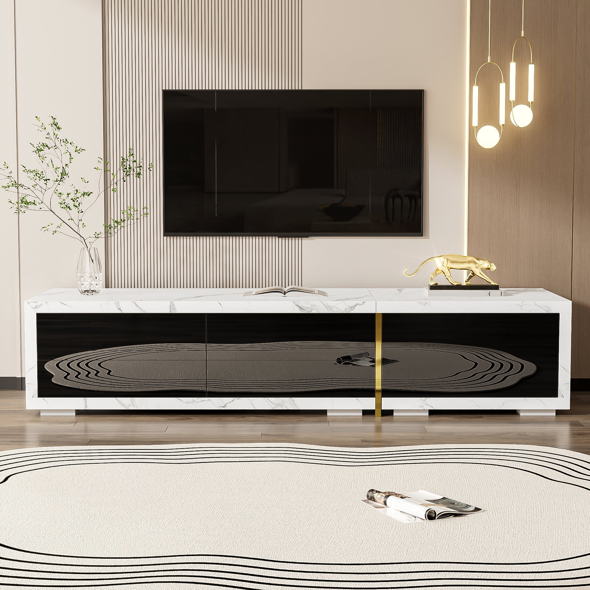 Modern TV Cabinet, Variable Length (140-260 cm) with Rotating Function, White Marble Look & Black High-Gloss Finish