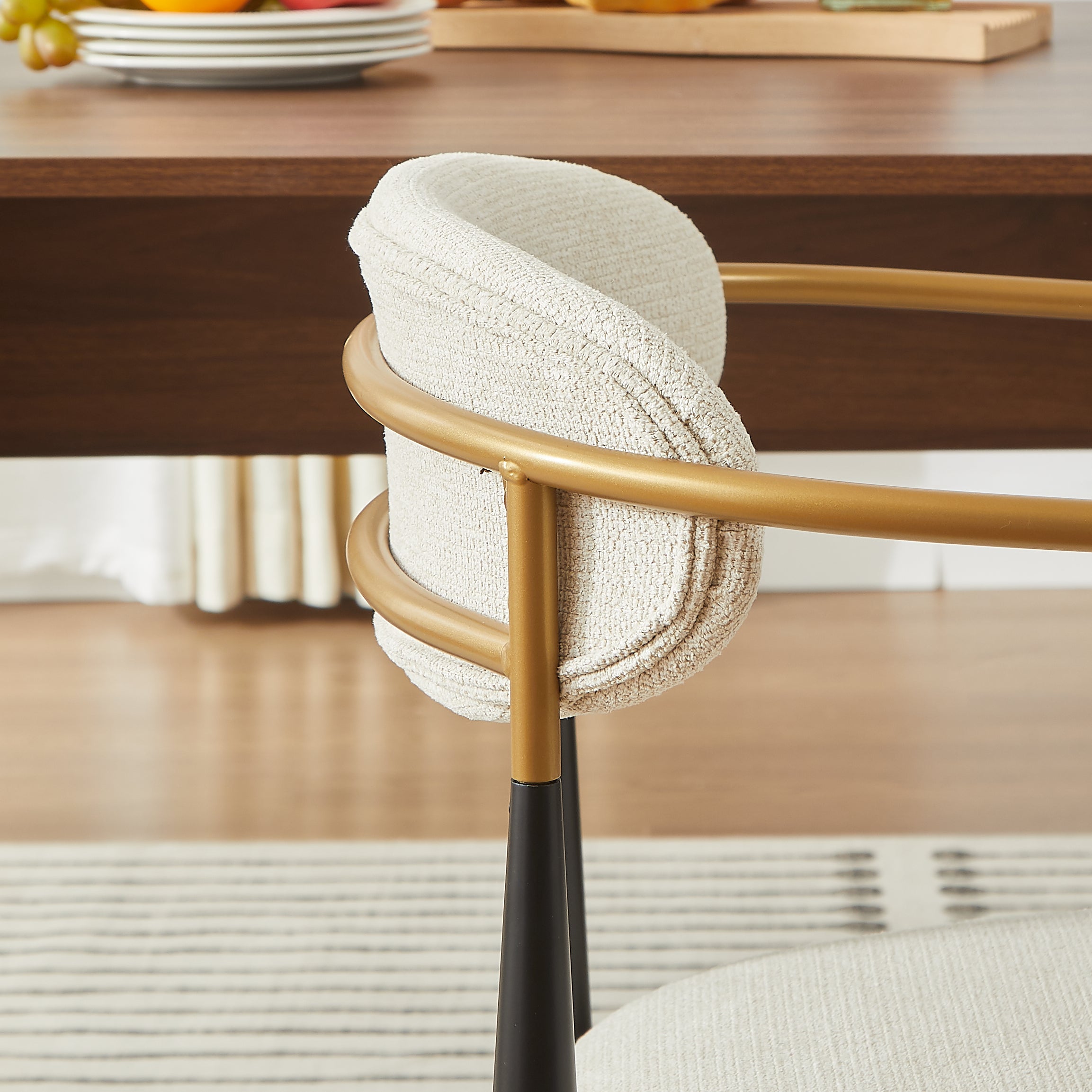 2-Piece Chair Set Metal Frame Black Gold Accent Beige Cushion