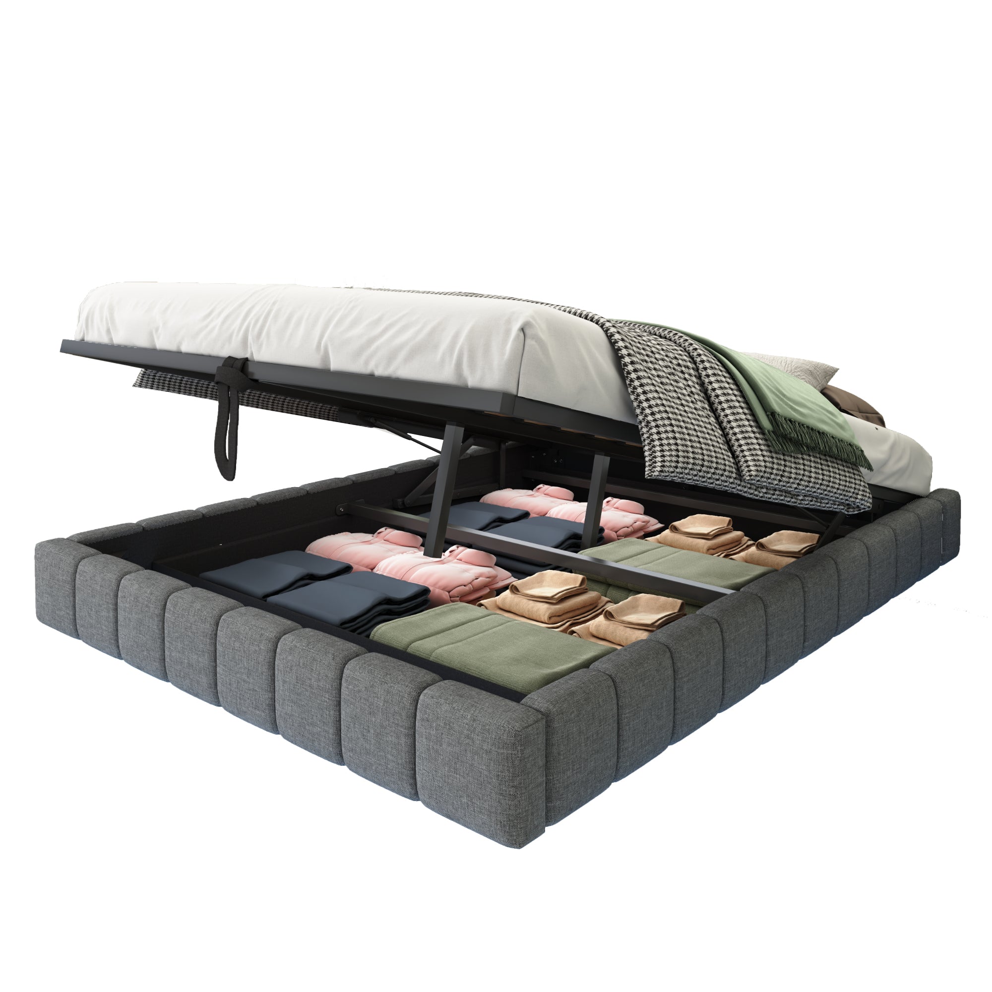 Upholstered Bed, 140x200 cm Hydraulic Floating with Storage & LED Light, Linen Grey