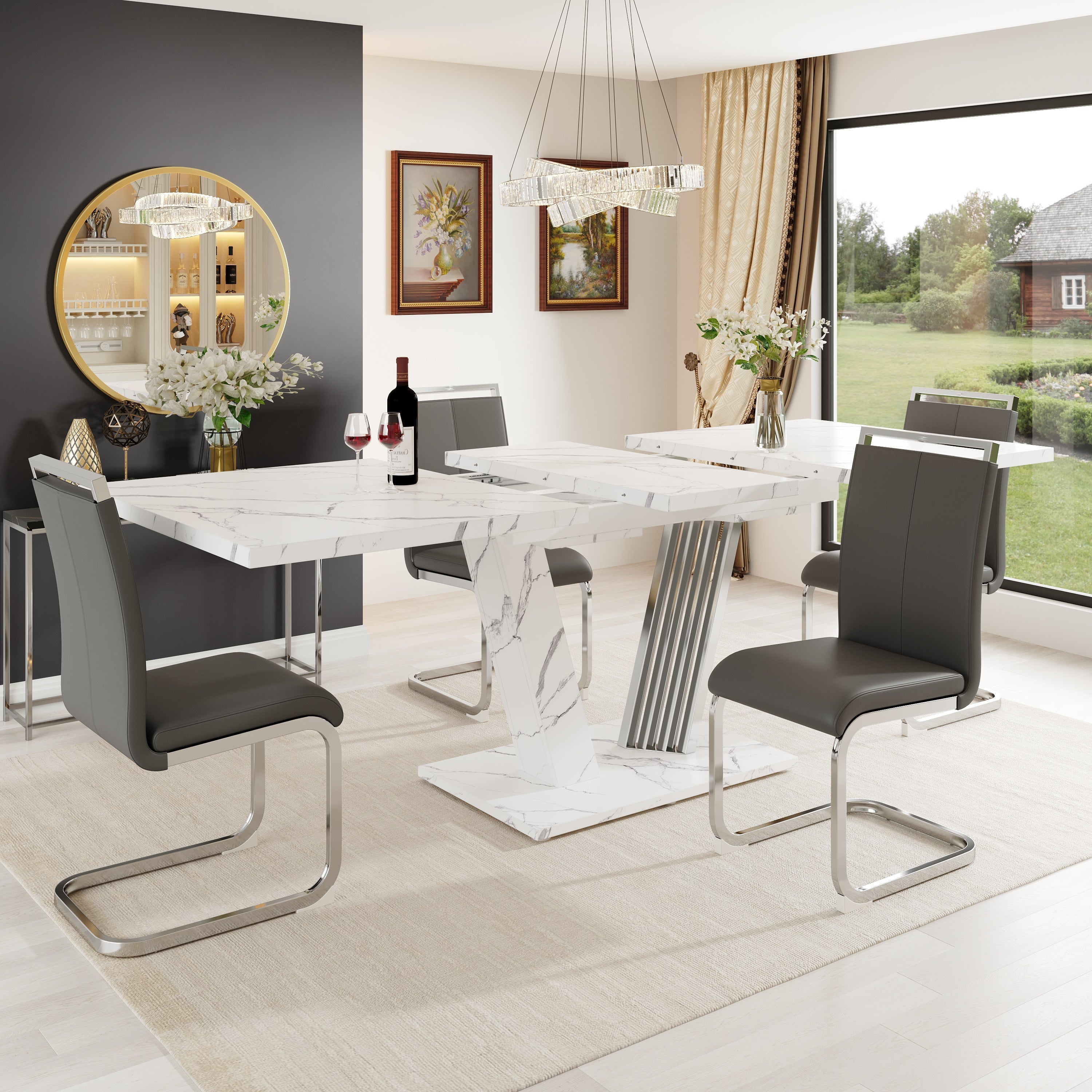Dining Set Extendable Table with 4 Faux Leather Chairs Grey