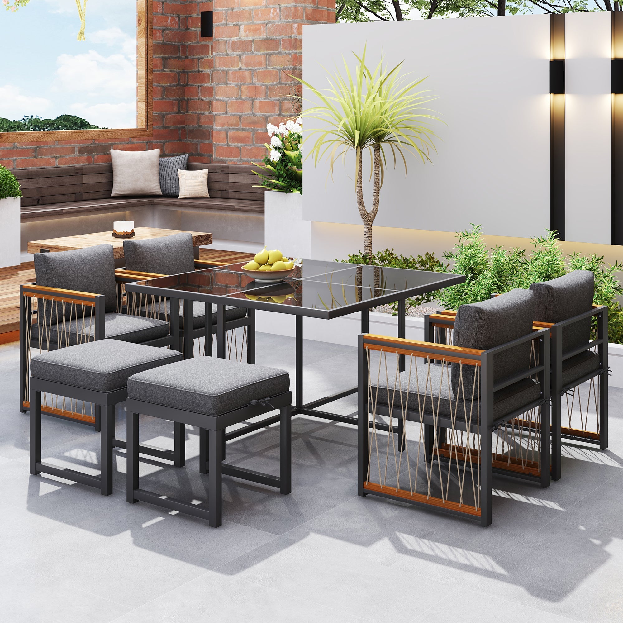 7-Piece Outdoor Dining Set for 6, Tempered Glass Table, Acacia Wood