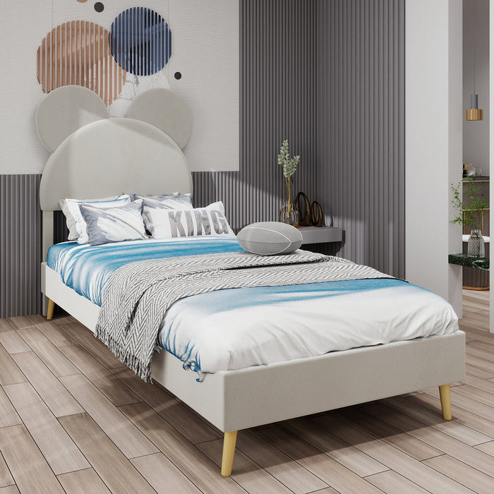 Upholstered Bed, Modern Minimalist Cartoon-Themed Headboard, 140x200 cm, Beige