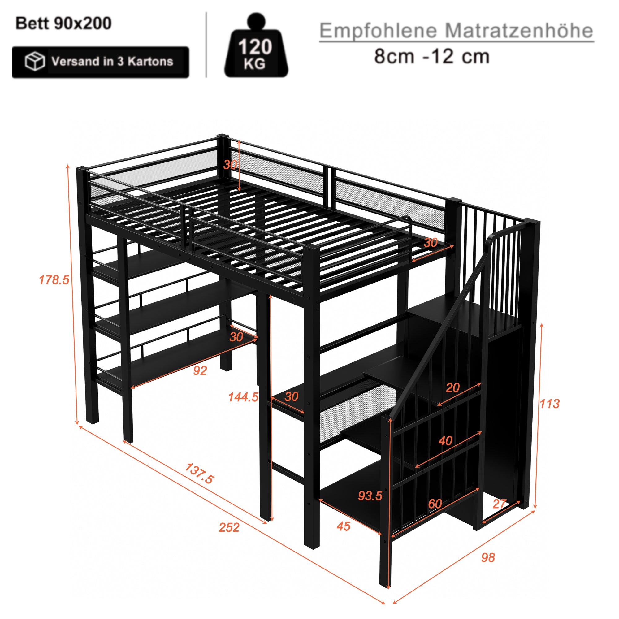 Loft Bed 90x200 LED Light Socket Storage Bookshelf - Black