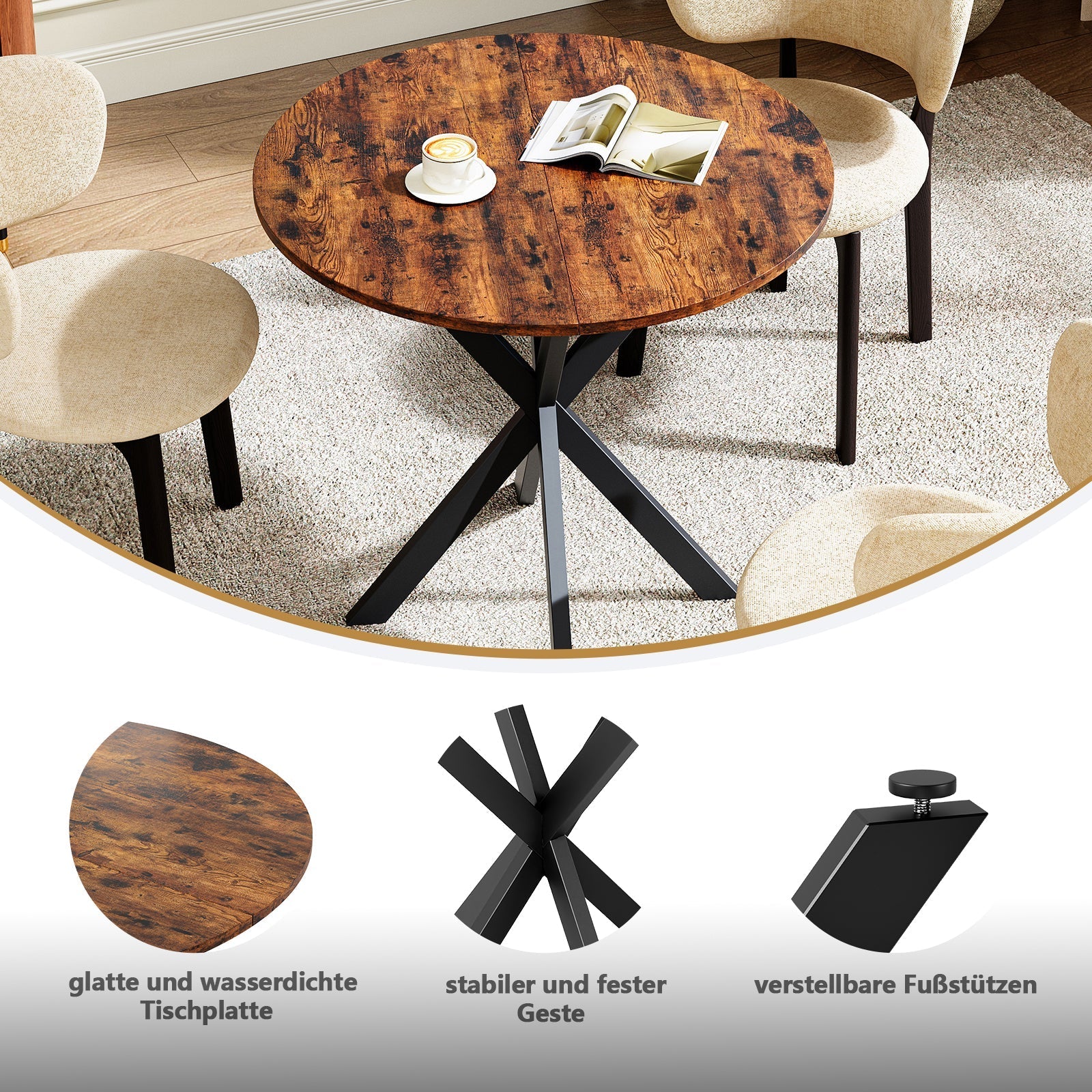 Round Dining Table Ø80 cm Industrial X-legs Vintage Brown-Black