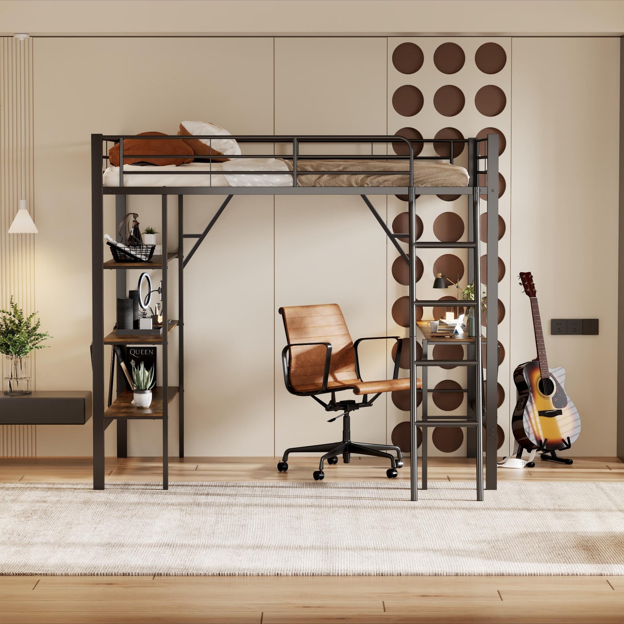Loft Bed 90x200cm Iron Frame with Desk 3 Shelves Black