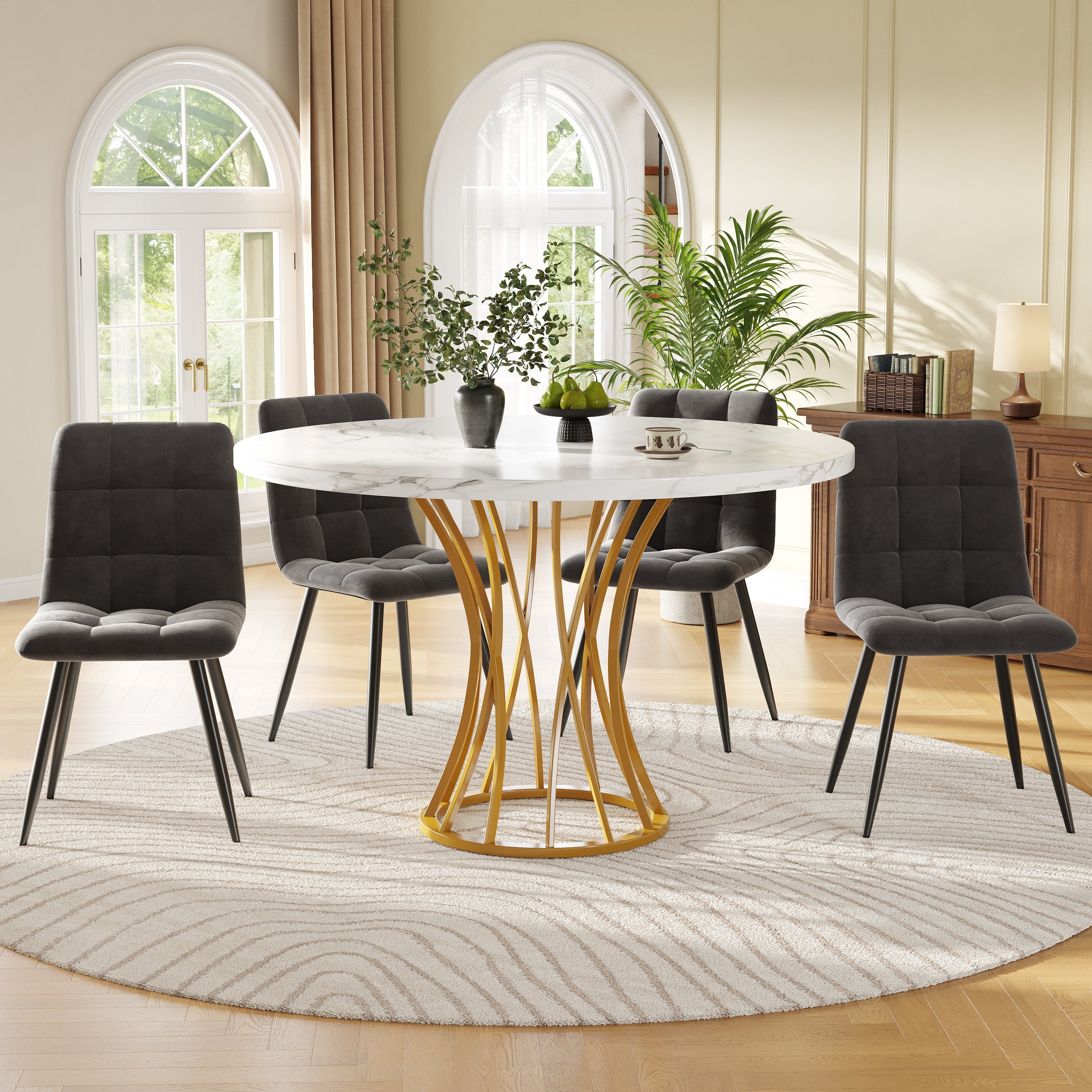 Dining Table Set 5-Piece Round 80cm White Marble Top Gold Legs Grey Velvet