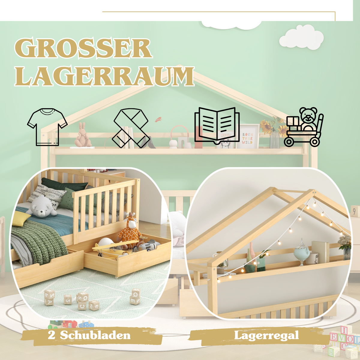 Children's House Wood Natural Bed 90x200cm
