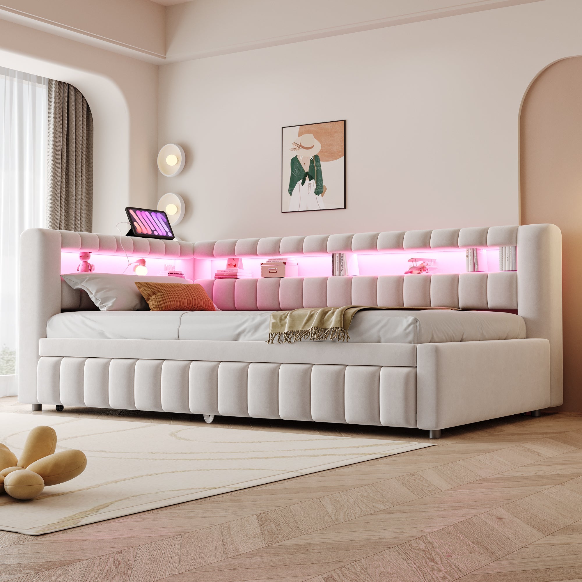 Upholstered Extendable Sofa Bed with LED and USB Port, 90x200cm, Beige Velvet