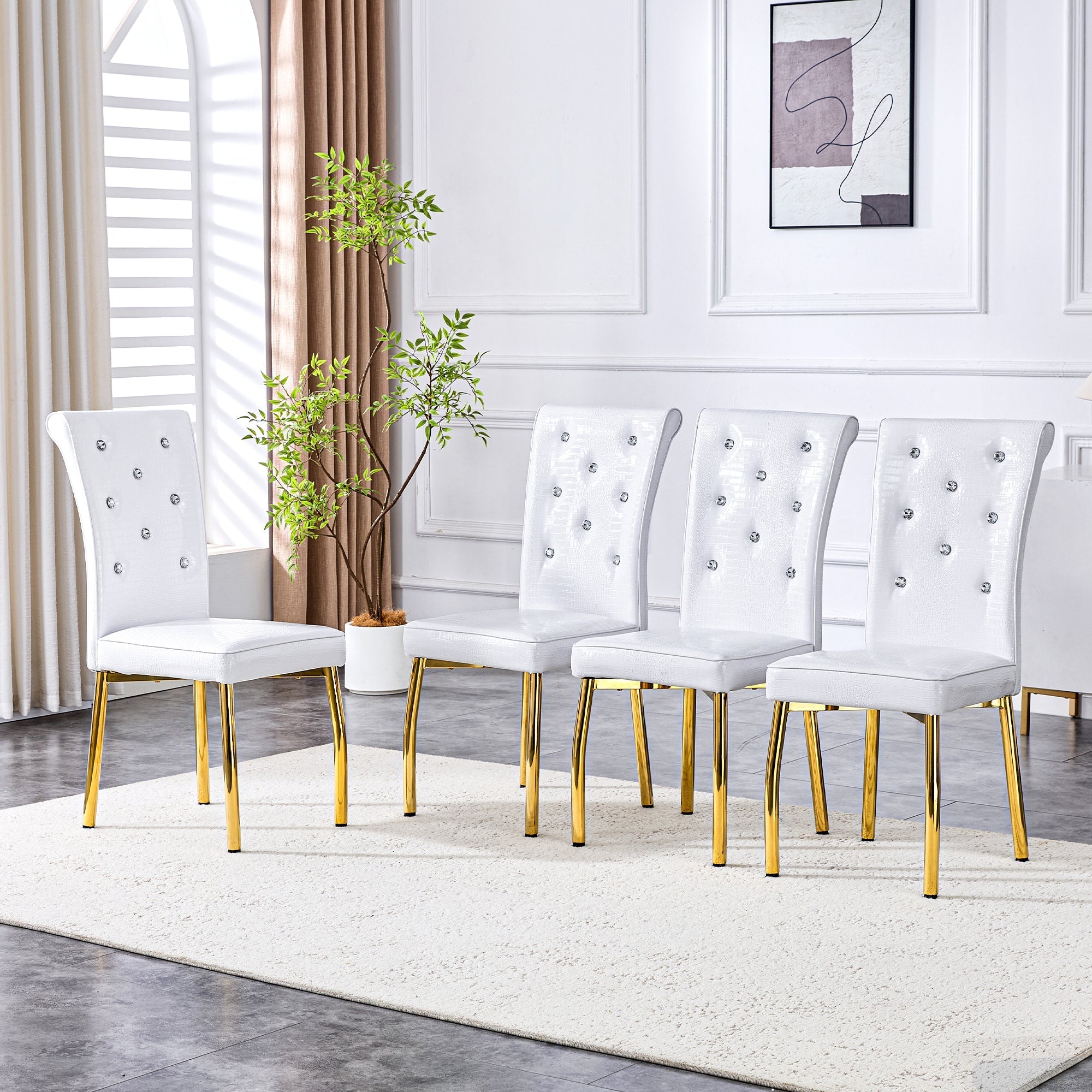 Set of 2 Dining Chairs Retro Alligator-Skin Crystal Buckle Gold Legs - Faux Leather