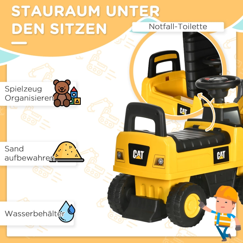 Children's excavator ride-on with operable shovel, anti-tip device, non-slip wheels, yellow and black